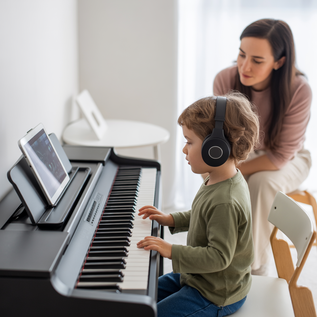 A young boy wearing headphones playing a digital piano with a woman, possibly his mother, watching and supporting from behind.