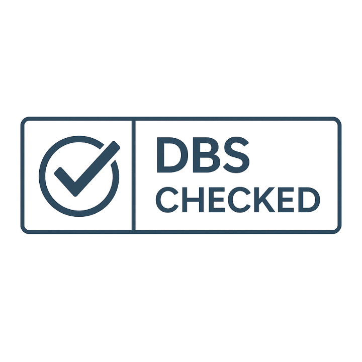 A digital badge with a checkmark inside a circle and the text 'DBS CHECKED'.