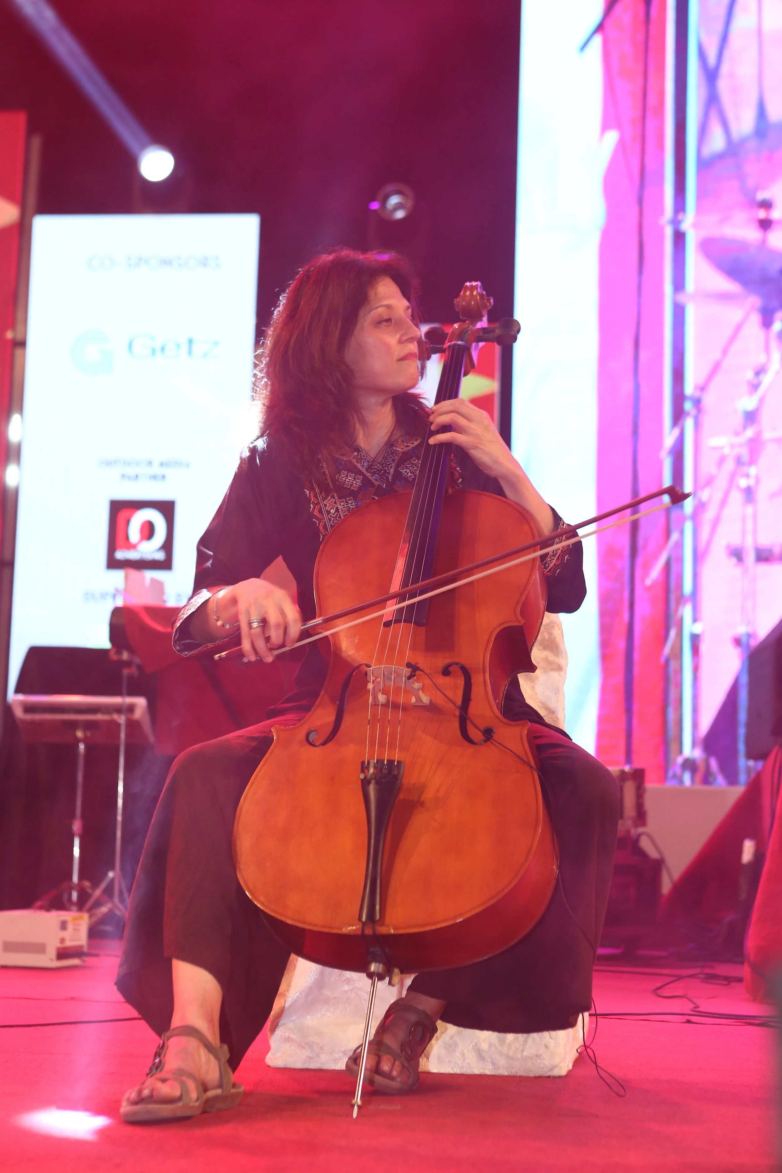 Erica Lauren Wise plays cello at Mega Music Concert 2.0, Karachi, Pakistan, October 2024