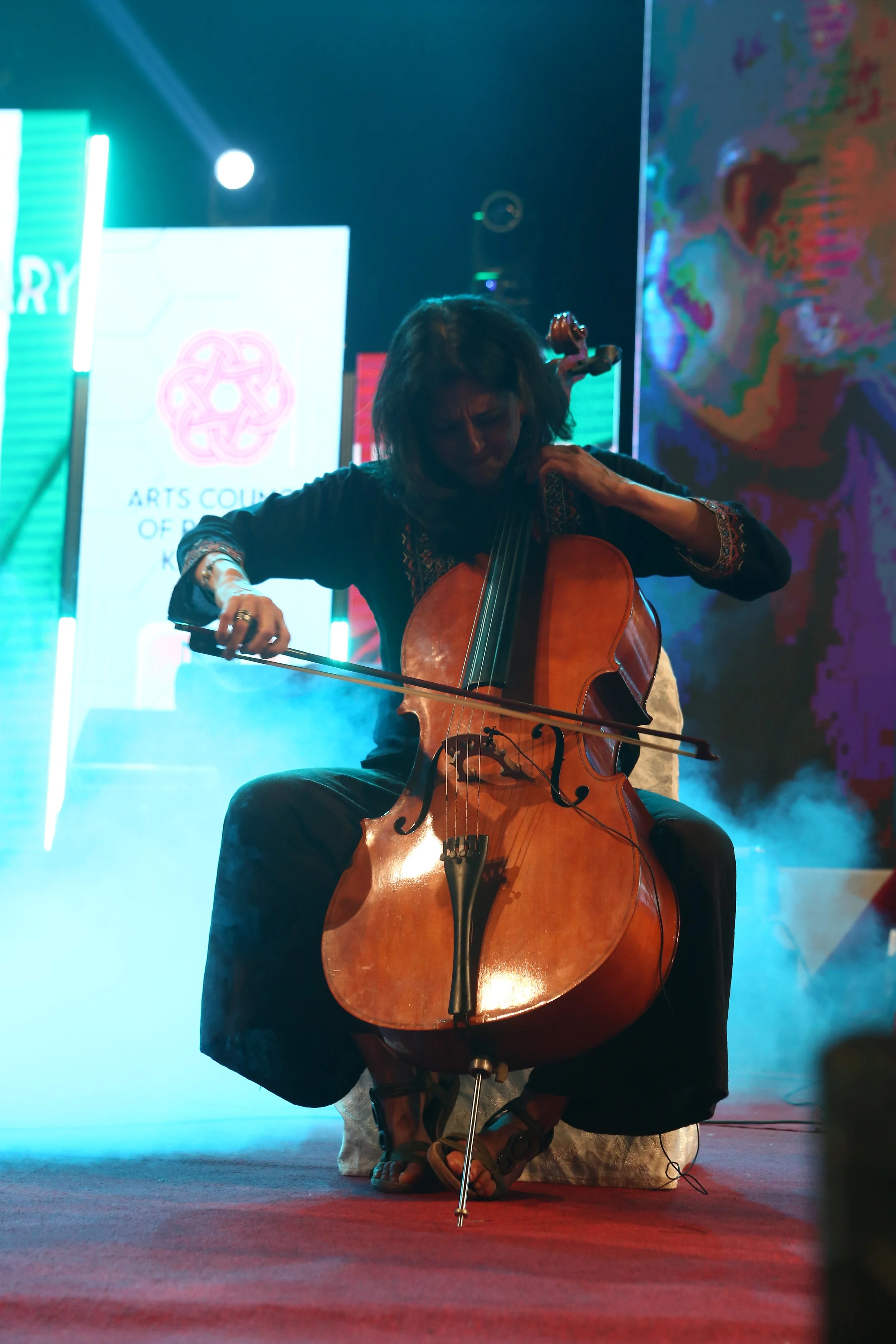 Erica Lauren Wise plays cello at Mega Music Concert 2.0, Karachi, Pakistan, October 2024
