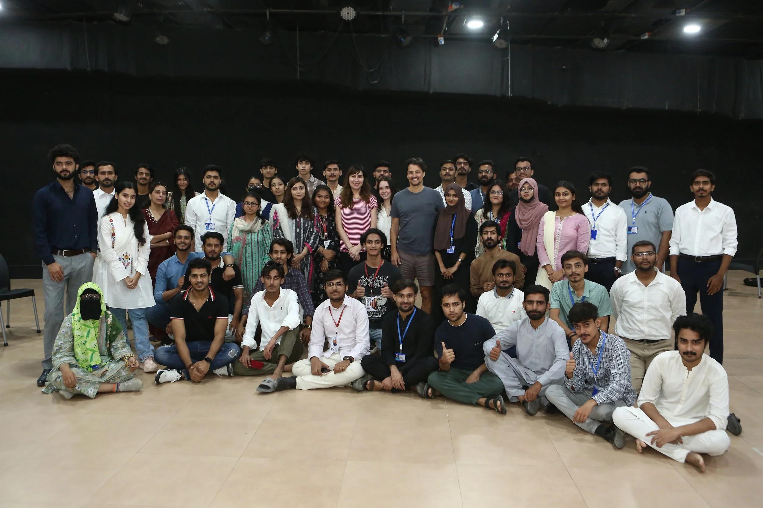 Hannah DiBella, Bonnie J. Evans, and Alex Liu host an acting workshop in Karachi, Pakistan, October 2024