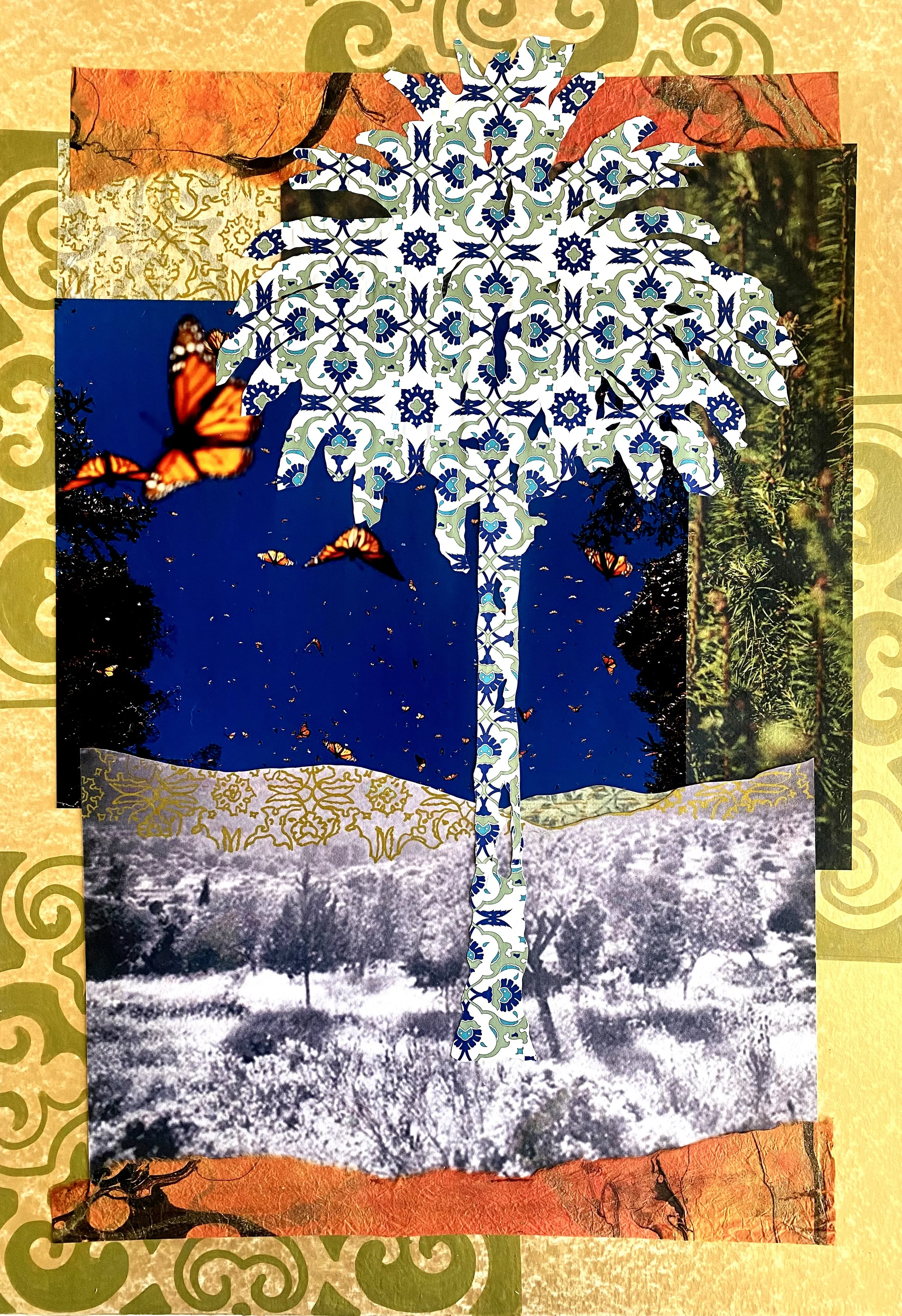 In exodus (palm tree), mixed media on board, 2024