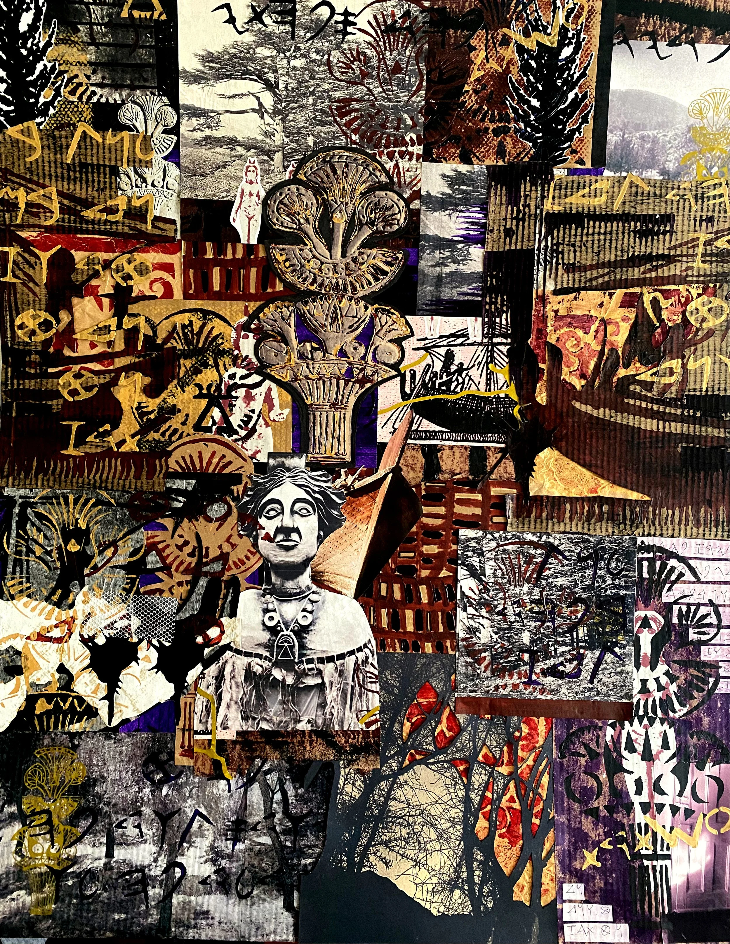 Prayers for safety at the edge of the world, mixed media on panel, 32"x40", 2025