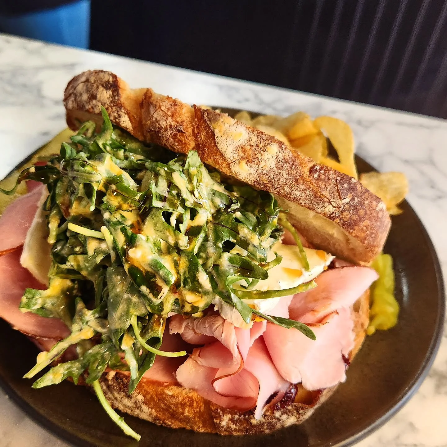 This week our special scratches a very festive hankering.
 The Festivus Feast is a 
Frehly sliced Turkey or black forrest Ham 
A rosemary aoili dressed arugula 
with cranberry preserves 
Upon our delicious sourdough