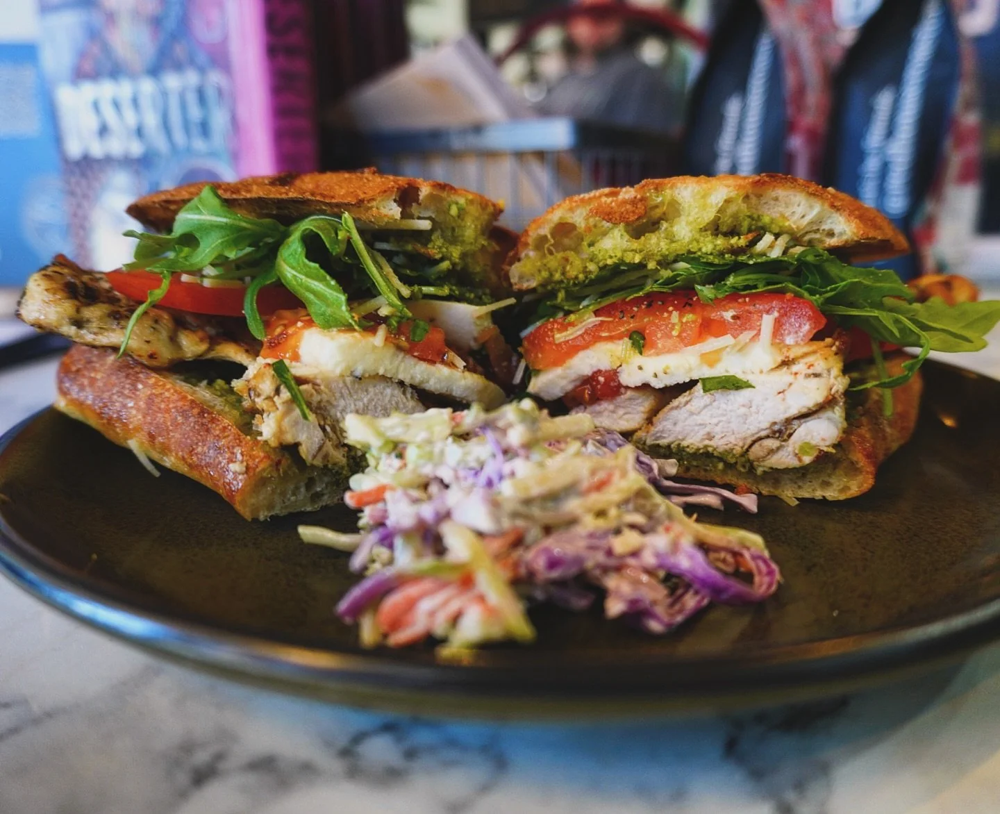Behold&mdash;the Pesto Chicken Sandwich! Available this week at a Sweet Jeans near you. 😉 #sweetjeans #njcafe #newark #downtownnewark #pestochicken