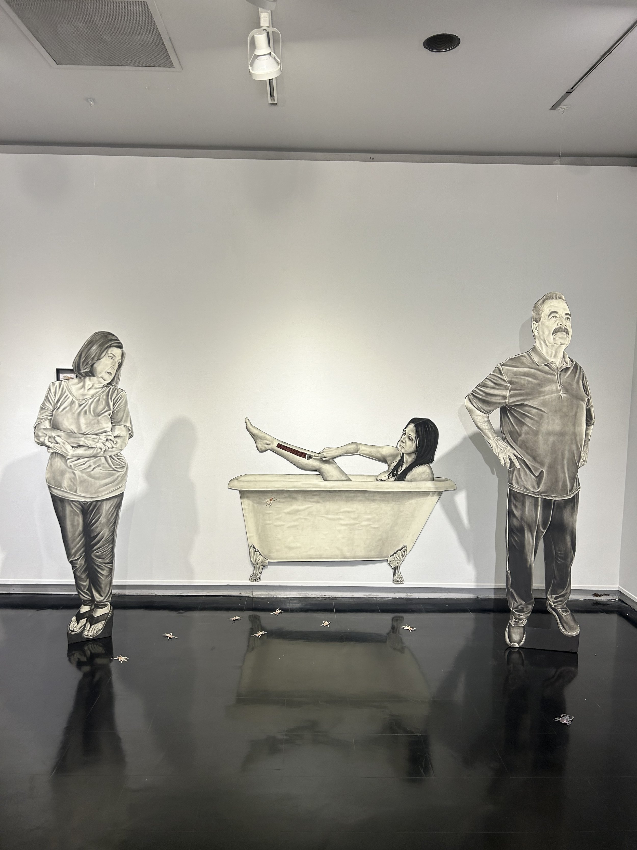 Girls Together, 2023, Charcoal, Posterboard, Latex, Alcohol Ink, 82”x120”36”