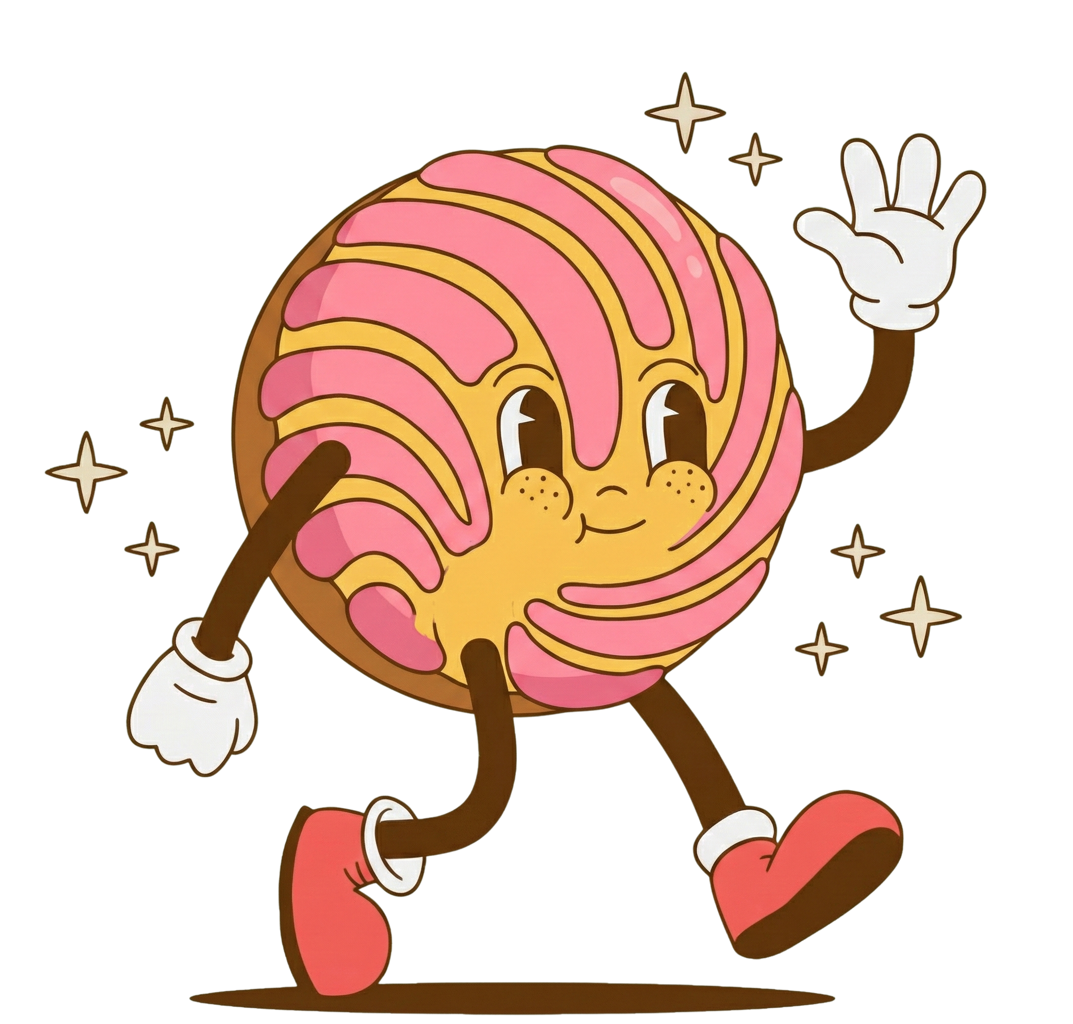 Cartoon character with a round, cookie-like body with pink icing patterns, smiling face, and limbs with gloves and shoes, walking with one arm raised and sparkling effects around.