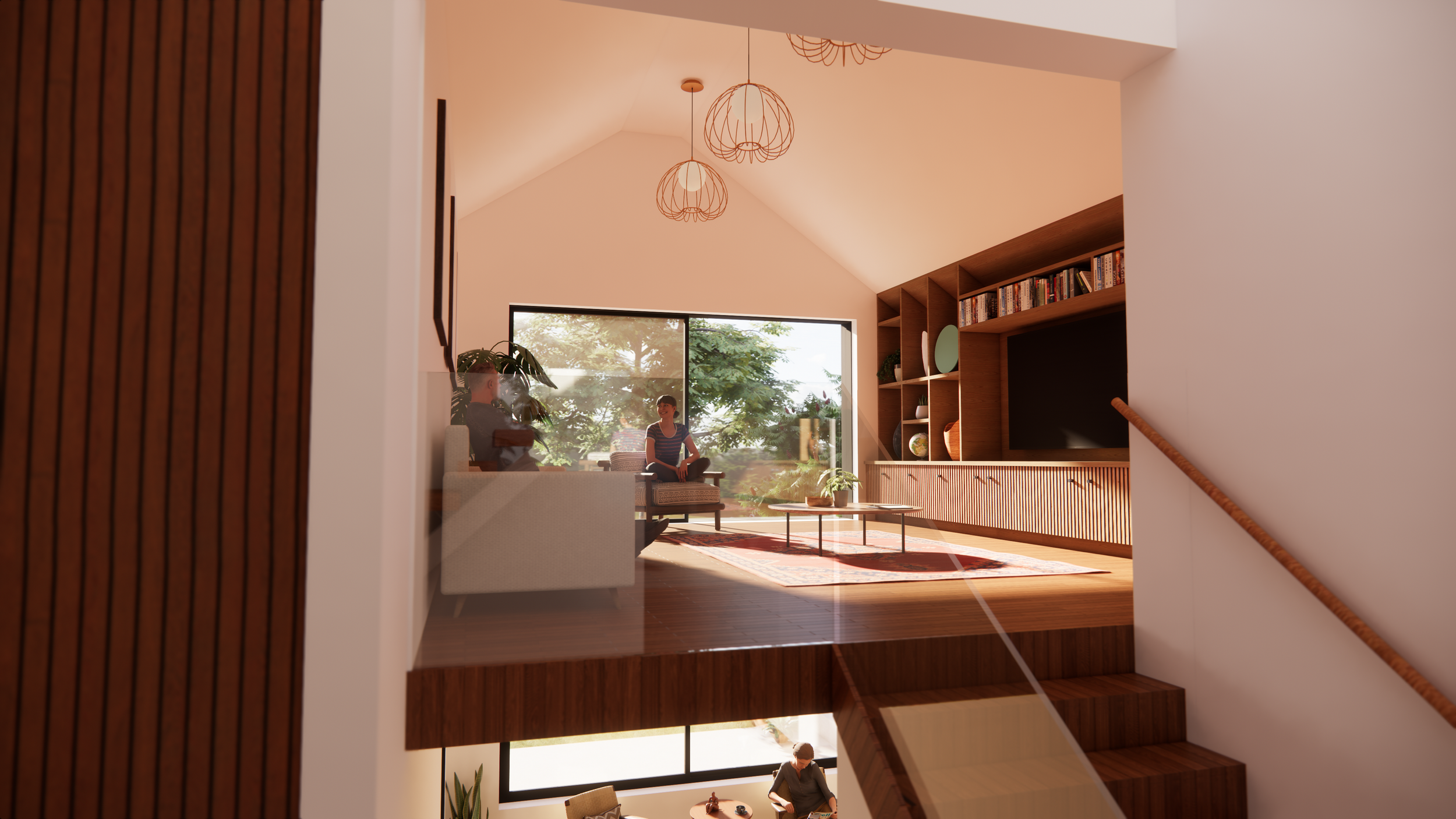 comfortable internal space with warm timber textures and mid century modern aesthetic. Bespoke fitted joinery to wall, glass baultrade.