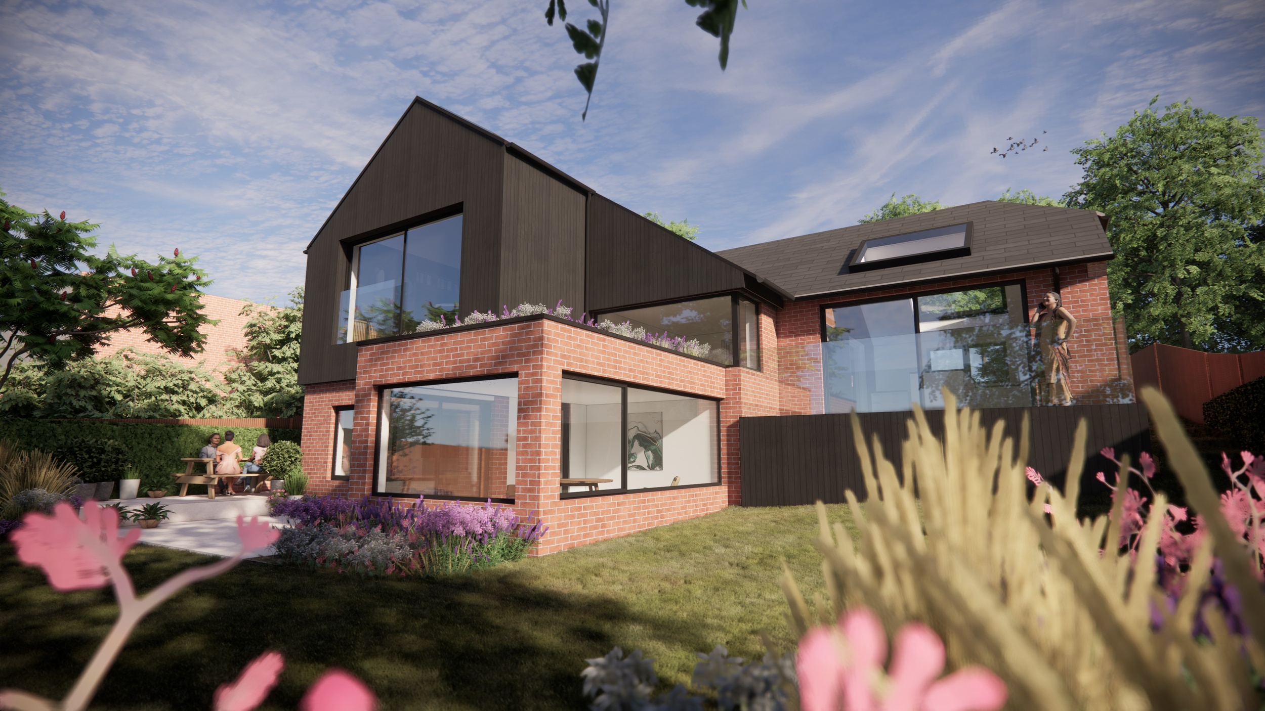 First floor extension, kitchen remodelling and landscaping. Modern Architecture with black timber and red brick.
