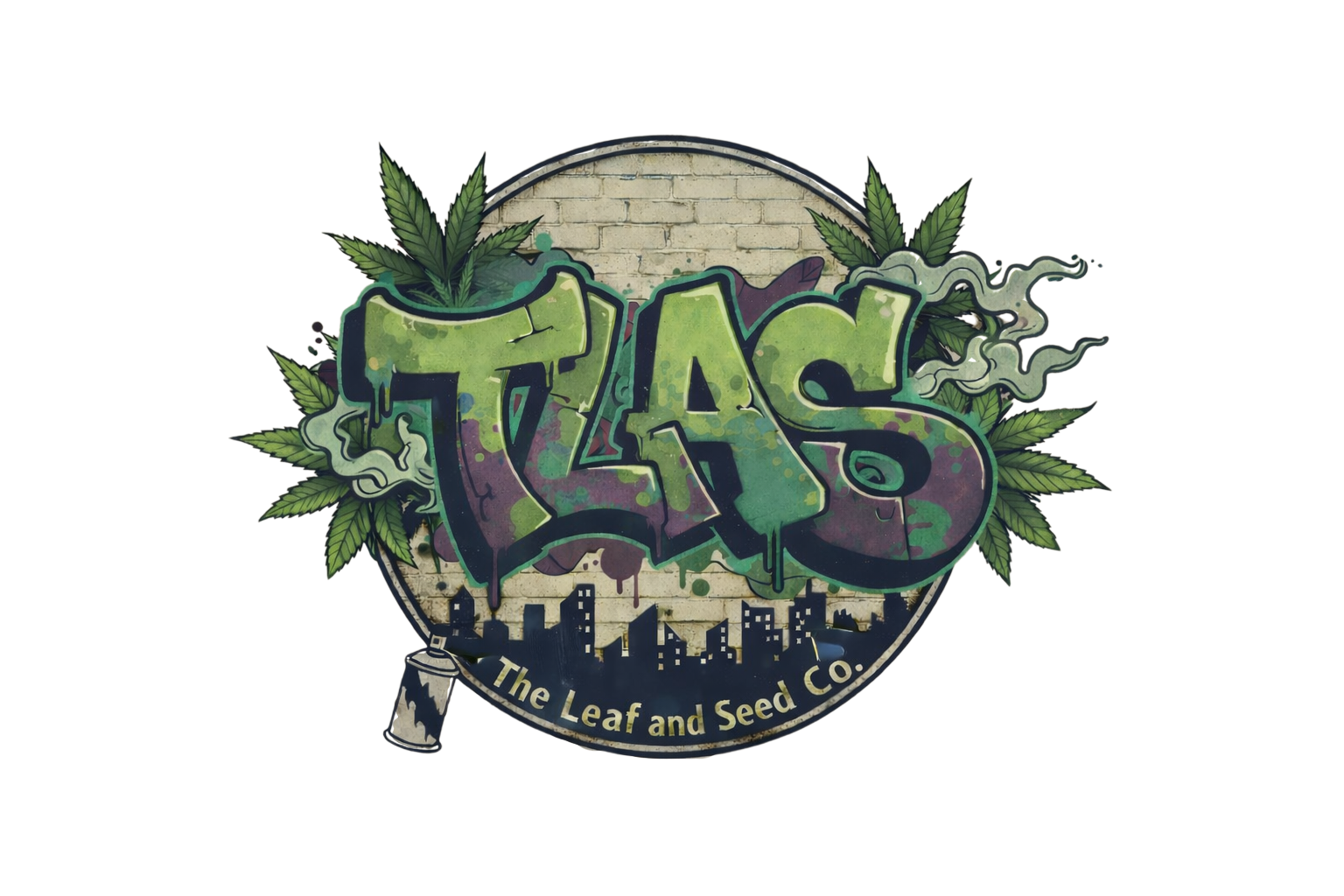 Graffiti-style sign reading "TLAS" with cannabis leaves, smoke, a city skyline, and a spray paint can, with the text "The Leaf and Seed Co." underneath.