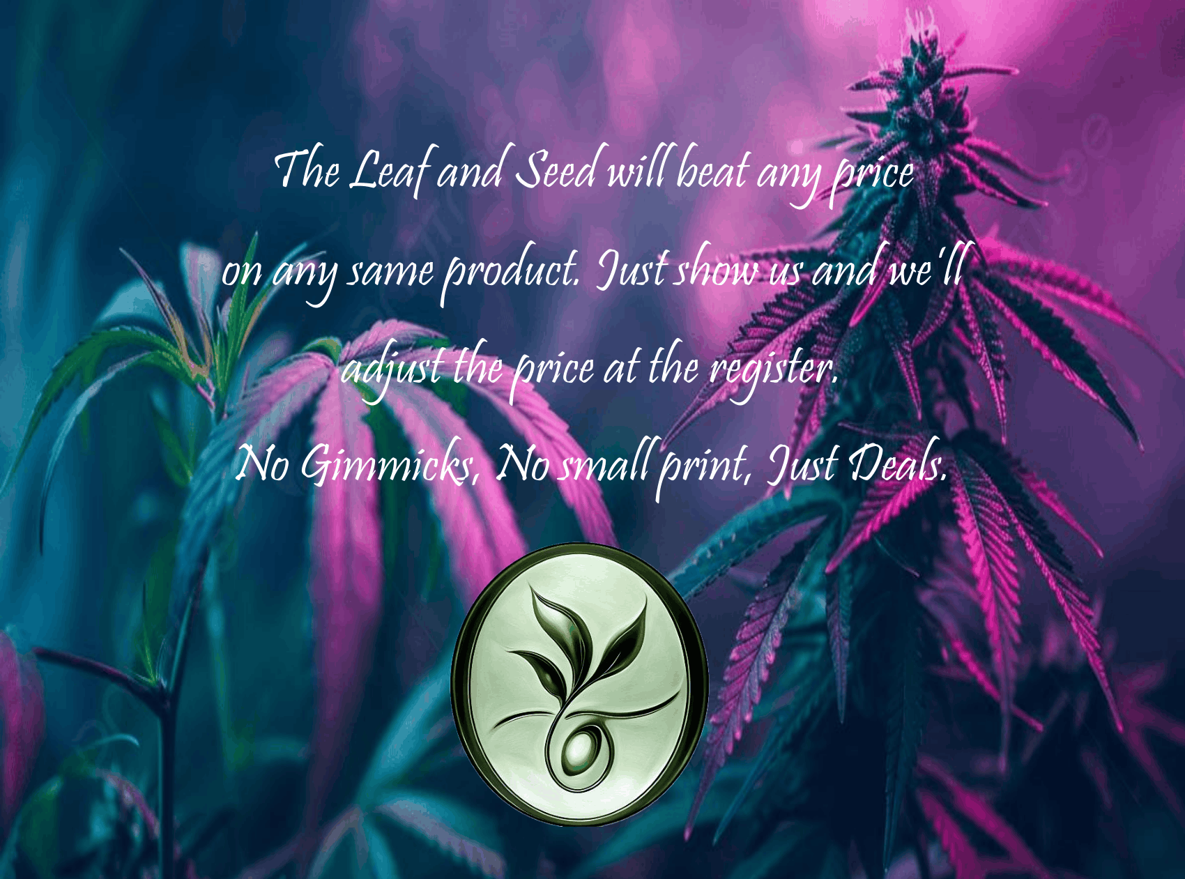 A promotional graphic with a background of purple and teal cannabis plant leaves, featuring white styled text that reads: "The Leaf and Seed will beat any price on any same product. Just show us and we'll adjust the price at the register. No Gimmicks, No small print, Just Deals." There is a round logo at the bottom with a minimalist green leaf design inside.