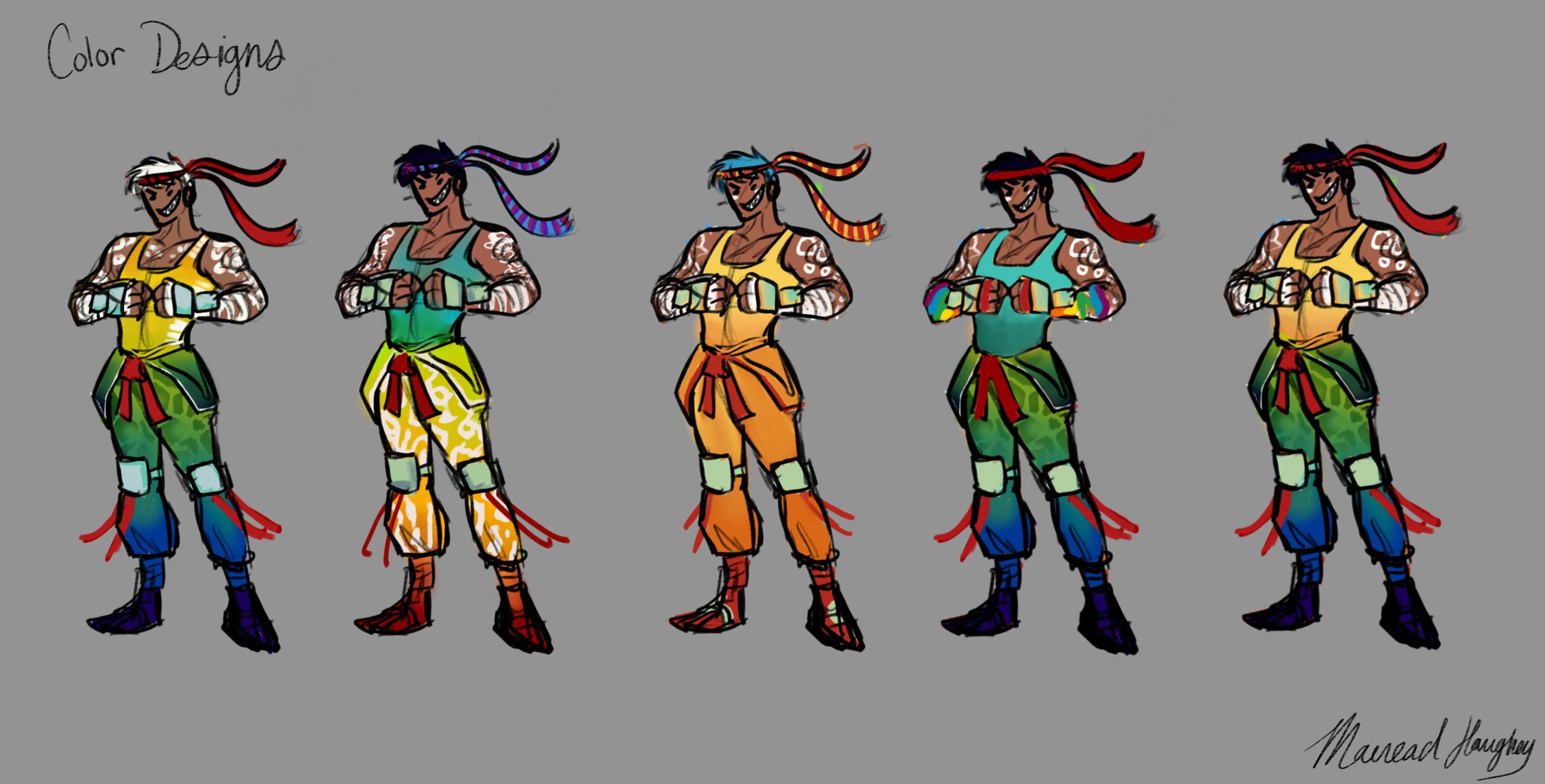 Color explorations. I was trying to capture the rainbow colors of a mantis shrimp without it being too busy. I also explored a different outfit, with different pants, knee pads, and armor on the fists. Eventually, I settled for teal as the main colo