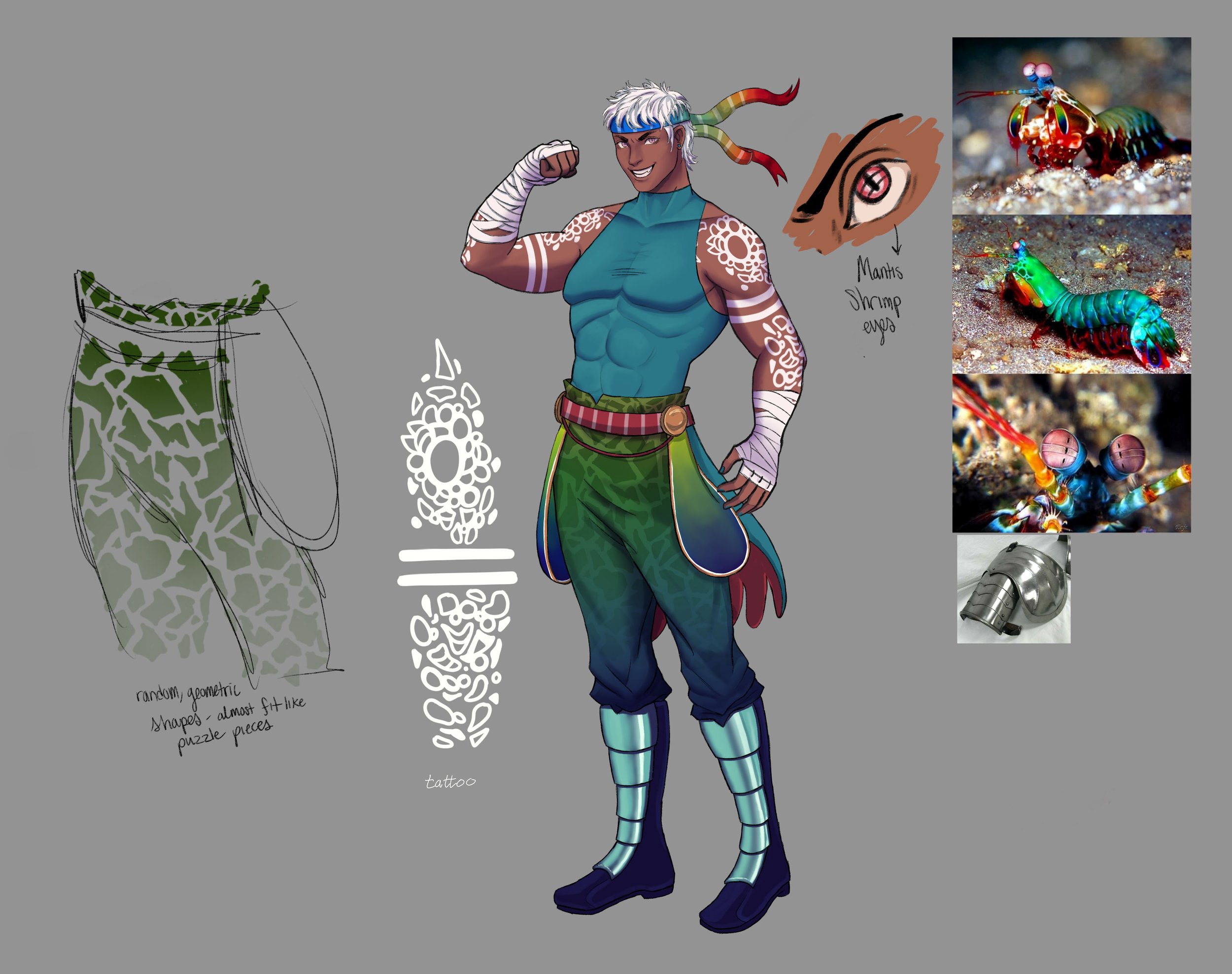 Details and references for different aspects of the design — the pattern of the pants, and the tattoo design reference. The tattoos and pants patterns are based on the white marks and geometric shapes found throughout the Peacock Mantis Shrimp’s body