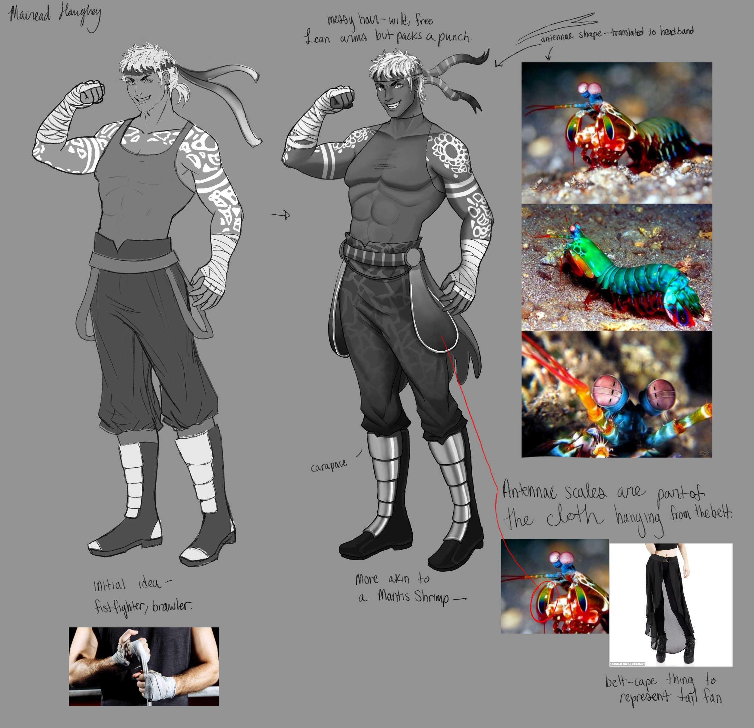 Initial concept vs final design. I wanted the shrimp inspiration to be more obvious, rather than a generic fist fighter look. I incorporated the anatomy of a Peacock Mantis Shrimp to the clothing and color choices. I also wanted the fighter’s figure