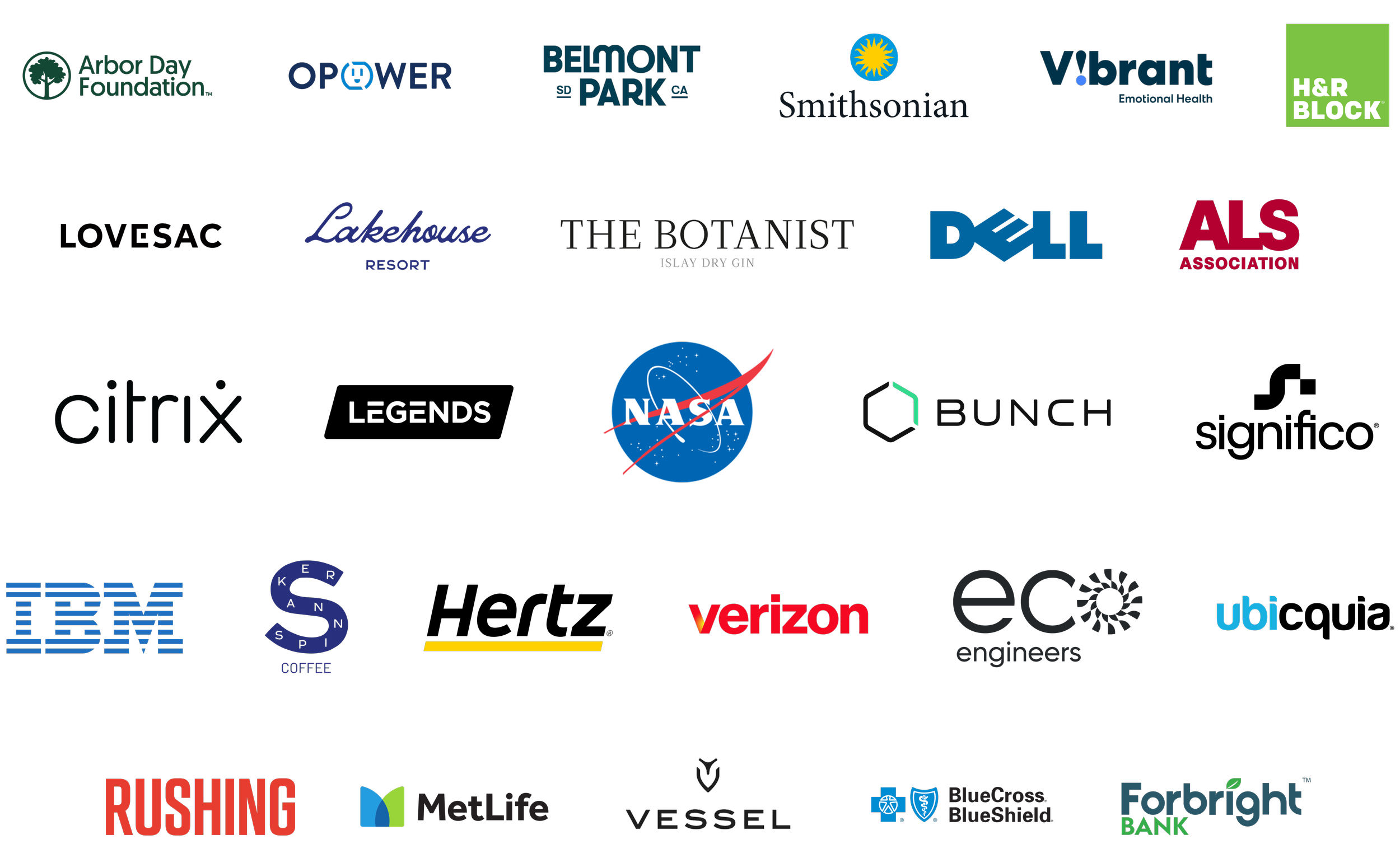 A collection of logos from various organizations, including Arbor Day Foundation, OPERATION, BELMONT PARK, Smithsonian, Vibrant, H&R Block, LOVIES, Lakehouse Resort, The Botanist, Dell, ALS, NASA, BUNCH, Citrix, IBM, Starbucks Coffee, an unknown yellow line, Verizon, eco engineers, ubi, RUSHING, MetLife, VESSEL, BlueCross BlueShield, Forbright Bank.