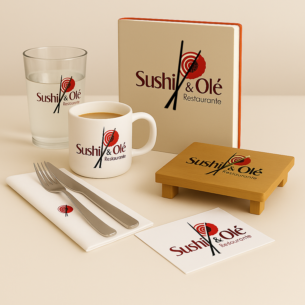 Table setting with a glass of water, a mug of coffee, utensils on a napkin, a small wooden stand, a menu, and promotional items for Sushi & Olé restaurant, all featuring the restaurant's logo.