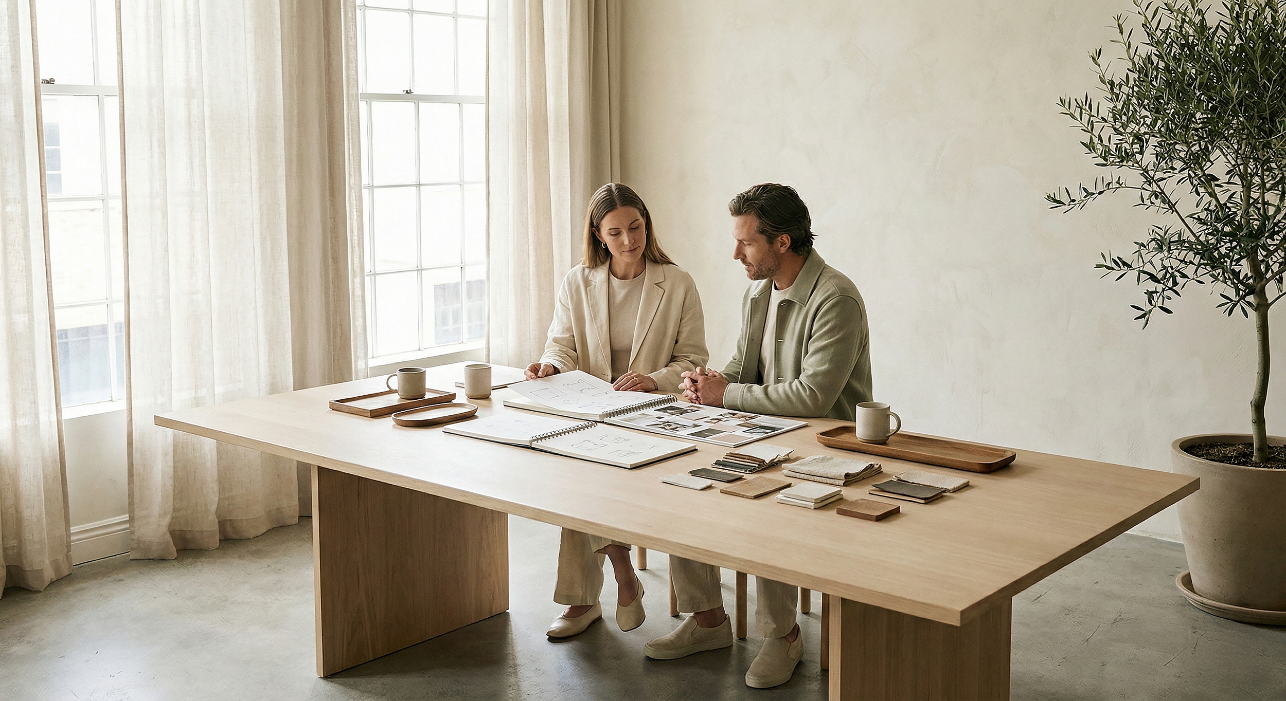 Two people sitting at a light wood table reviewing design plans and fabric samples in a bright room with large windows and beige curtains, a potted plant on the right.