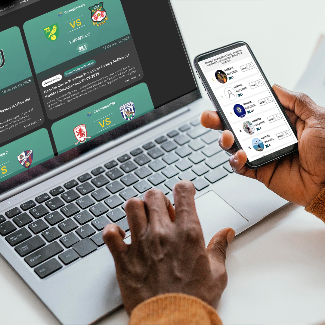 Person using a smartphone and a laptop to follow sports betting predictions and football match schedules, with team logos and betting information displayed.