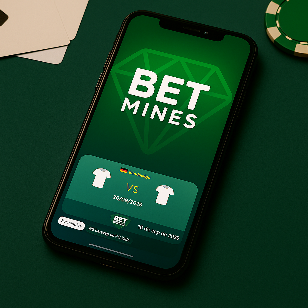 A smartphone displaying a betting app called BET MINES with a green diamond logo, showing a soccer match between two teams, scheduled for September 20, 2025. The device is on a green surface with poker chips and cards nearby.