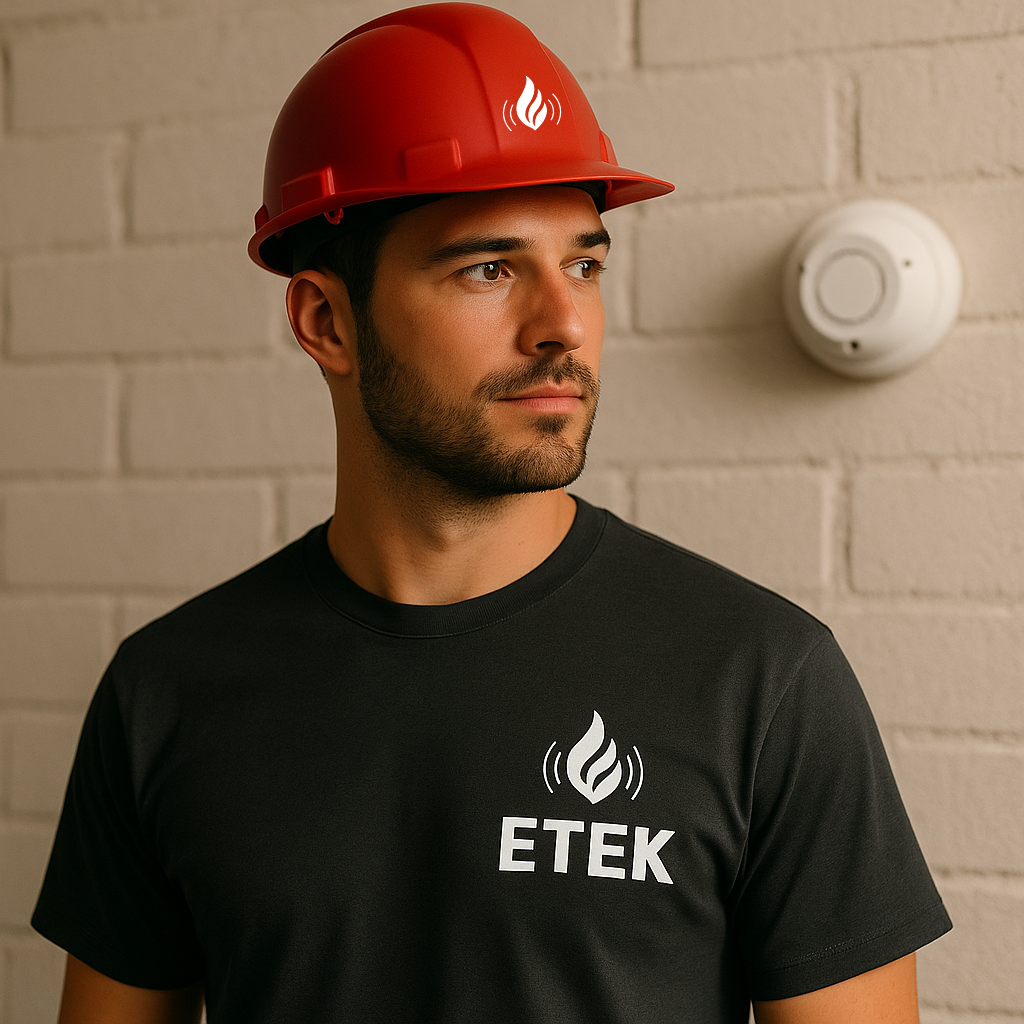 A man wearing a red safety helmet with a fire icon and a black T-shirt with the same logo and ETek written on it, standing against a beige brick wall with a white smoke detector.