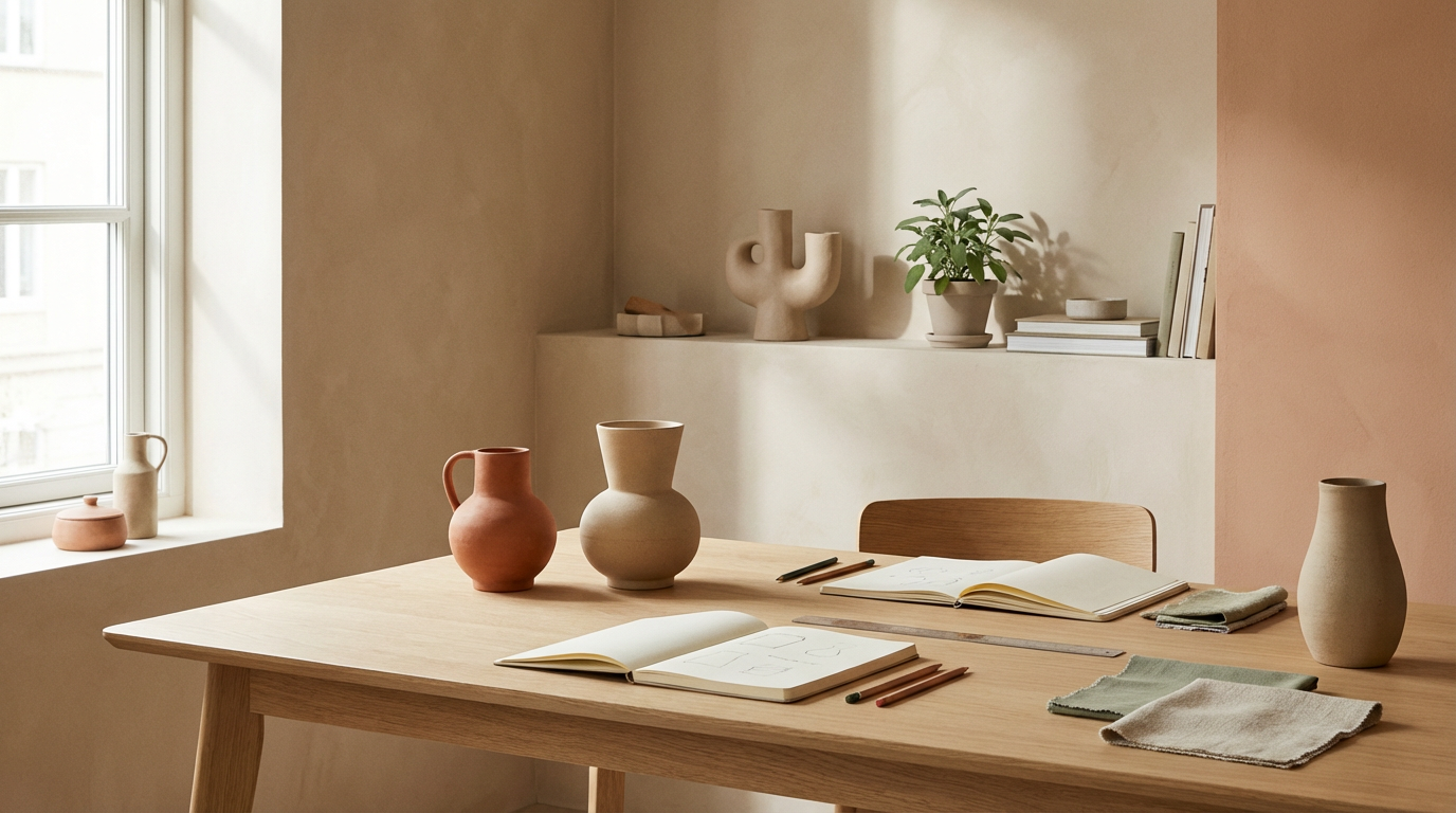 A wooden table by a window with pottery vases, sketchbooks, colored pencils, fabric swatches, and a chair, in a minimalistic beige-toned room.