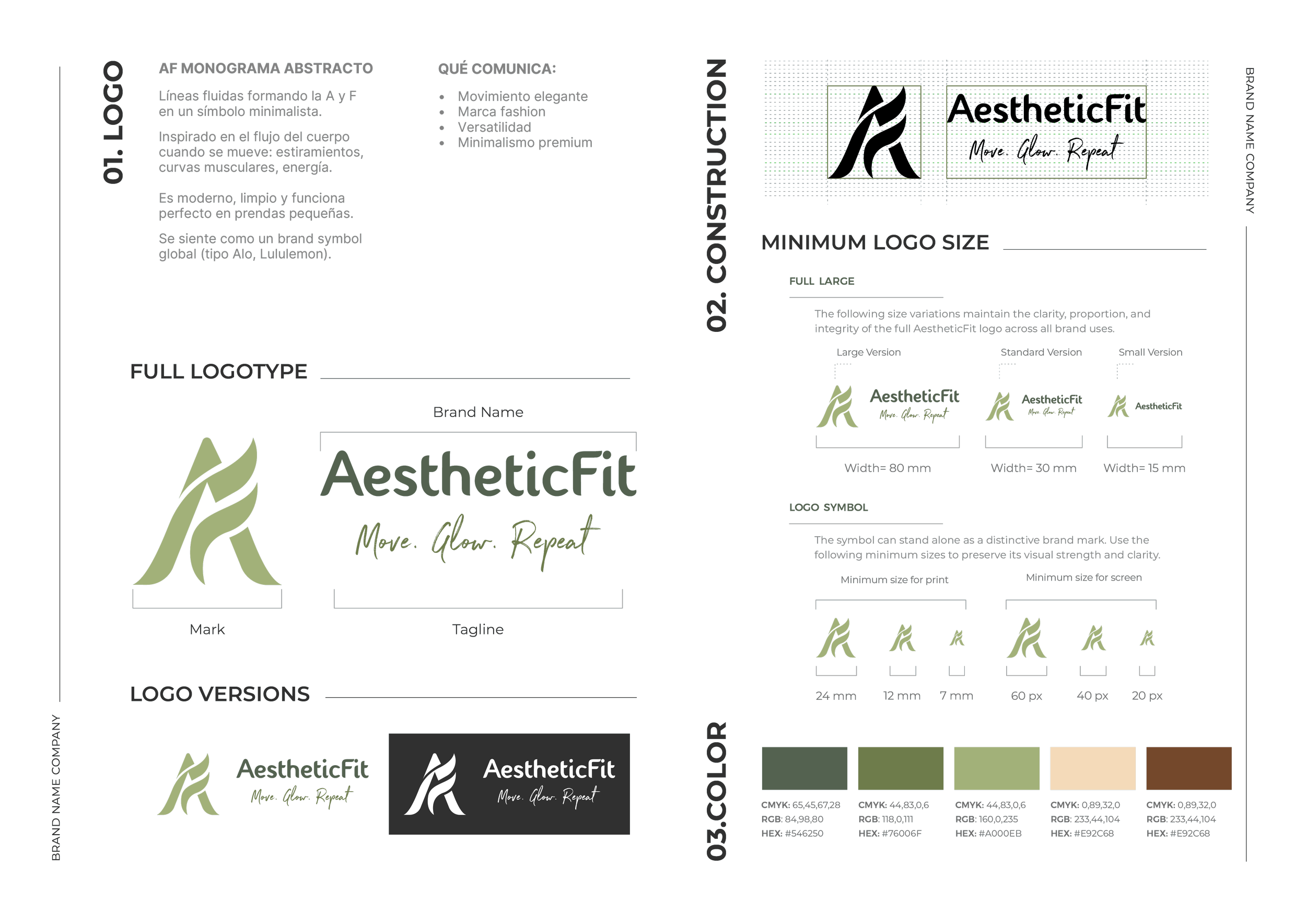 Brand style guide for AestheticFit logo showing logo design, color palette, logo sizes, and font variations.