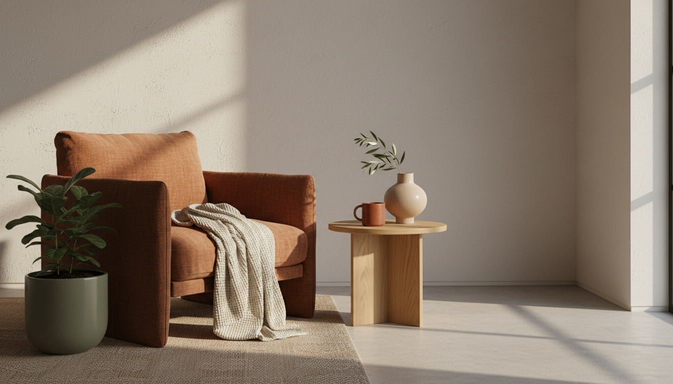 A cozy corner with an orange armchair, a patterned throw blanket, a potted plant in a grey pot, and a small wooden side table with a vase and two cups, illuminated by sunlight.
