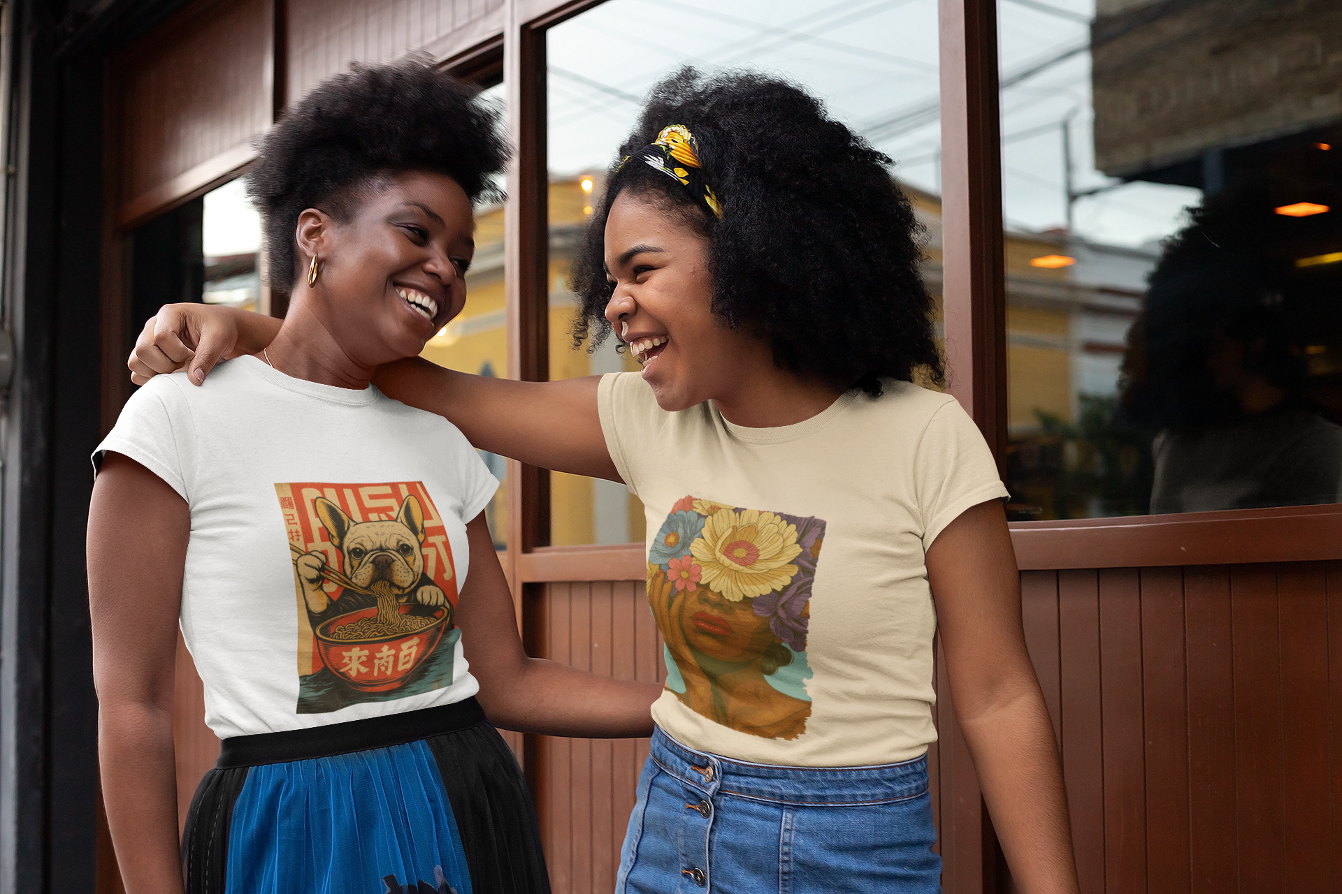 Two women with natural curly hair smiling and enjoying each other's company outside a restaurant, one with her arm around the other.