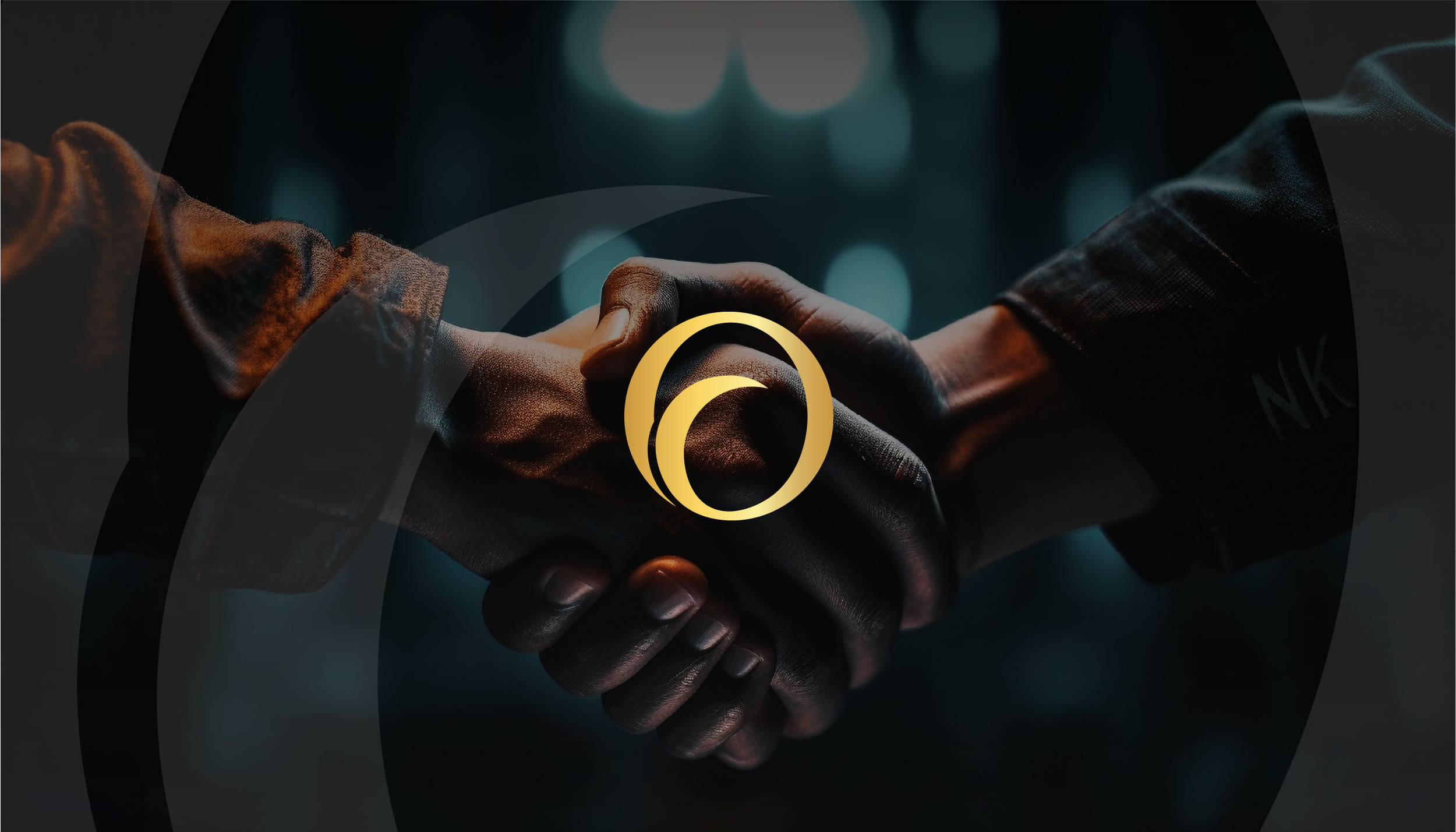 Two people shaking hands with a gold logo overlay and blurred background.