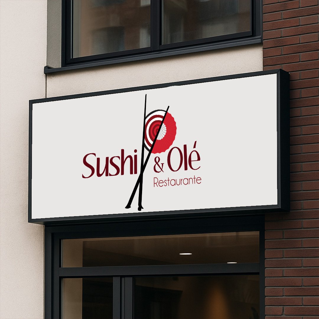 Signboard for Sushi & Olé Restaurant with a design of a sushi roll and chopsticks.