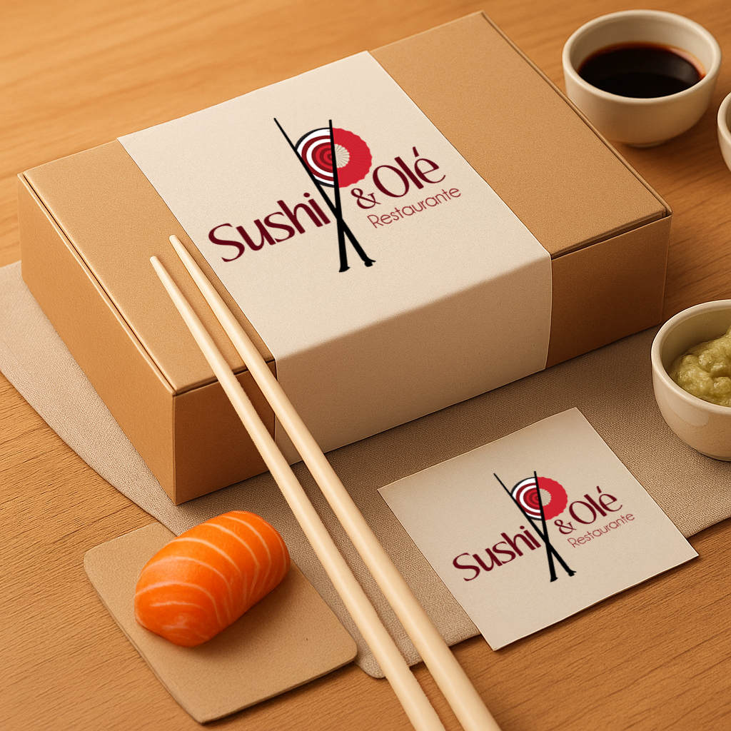 A sushi takeout box from Sushi & Ole restaurant with a salmon nigiri, chopsticks, soy sauce, wasabi, and a paper napkin on a wooden table.
