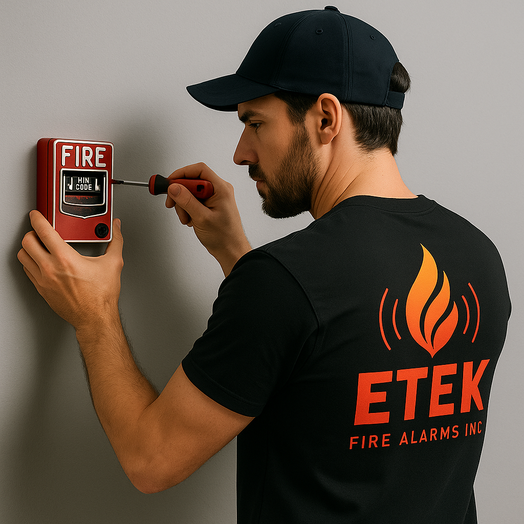 A man wearing a black shirt and baseball cap installing or repairing a fire alarm on a gray wall using a screwdriver.