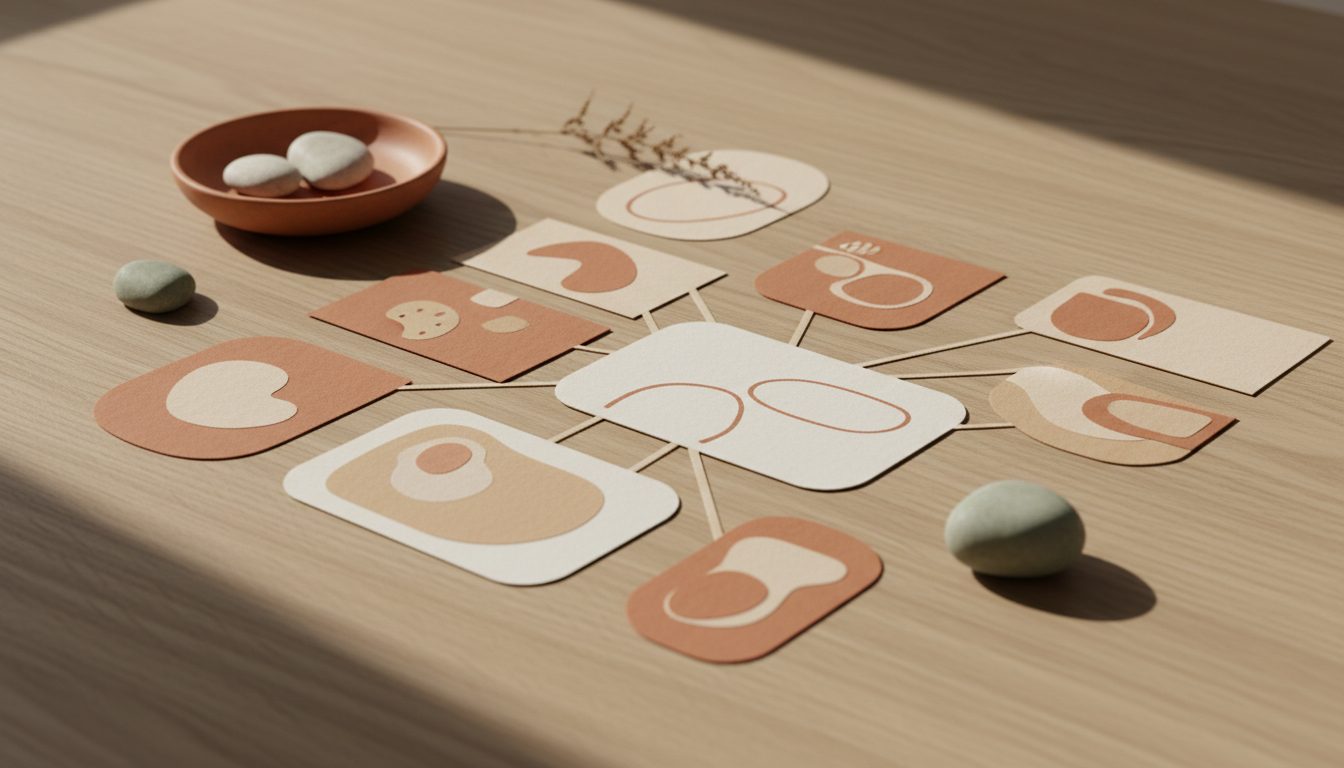 Arrangement of illustrated animal eyes and shapes on a wooden surface, with some smooth stones and a small dish nearby.