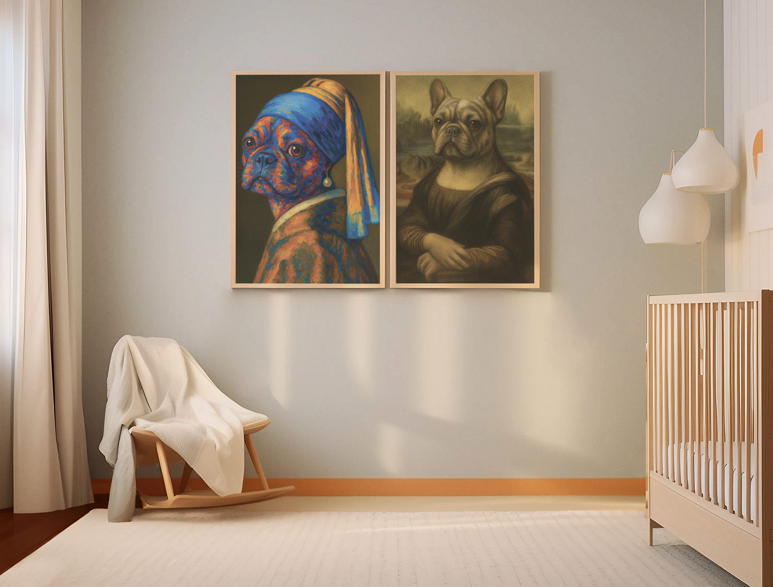 A nursery room with two framed pet portraits on the wall, a rocking chair with a white blanket, and a crib, with white pendant lights hanging on the wall.