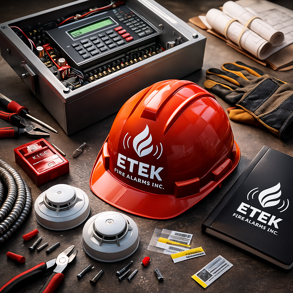 Fire alarm equipment and safety gear on a work table, including a red hard hat with the ETek Fire Alarms Inc. logo, smoke detectors, a control panel, tools, and safety gloves.