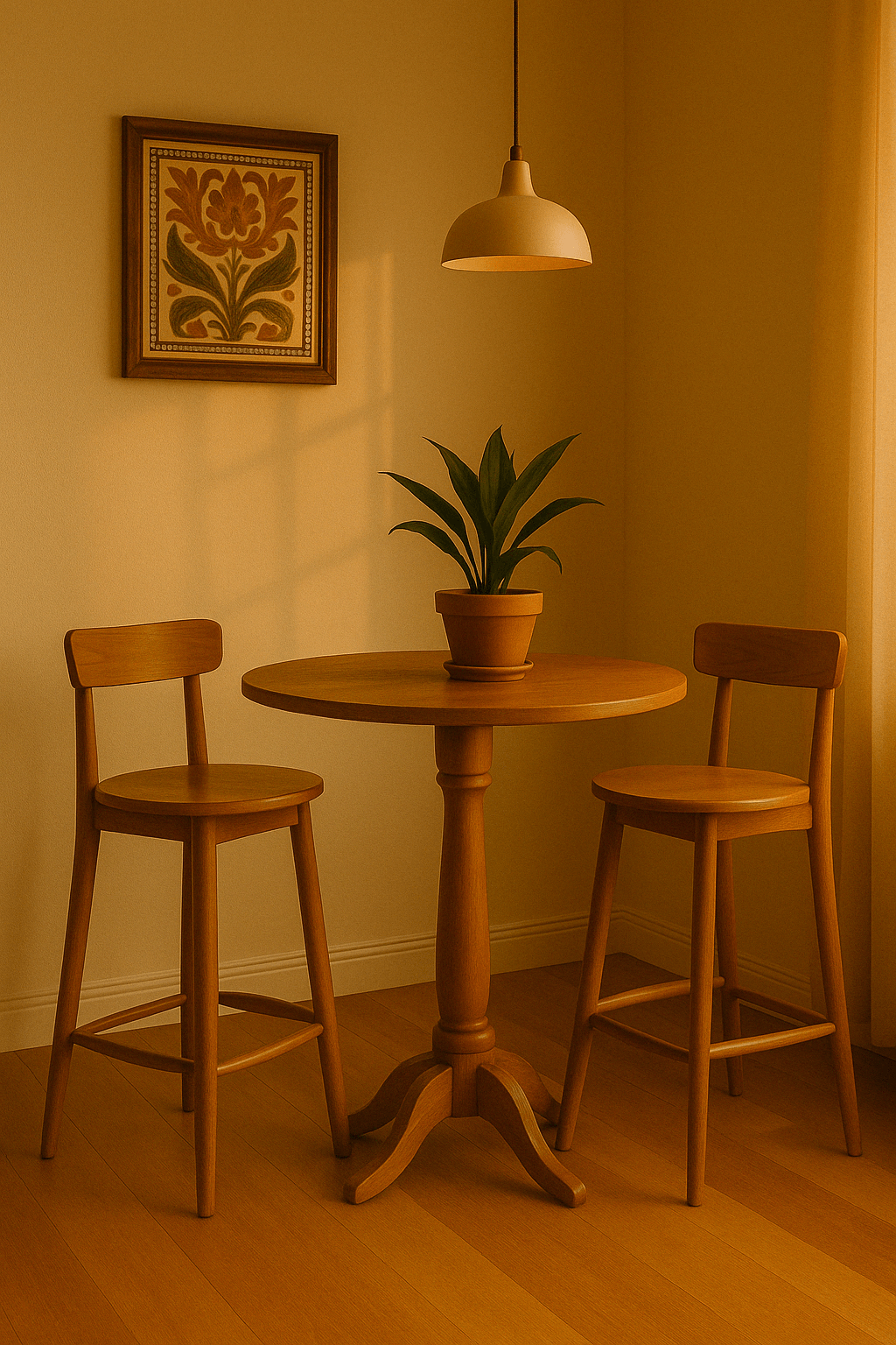 A cozy corner with a small round wooden table, two matching wooden chairs, a potted plant in the center, a framed floral artwork on the wall, and a hanging pendant light, all bathed in warm, soft lighting.