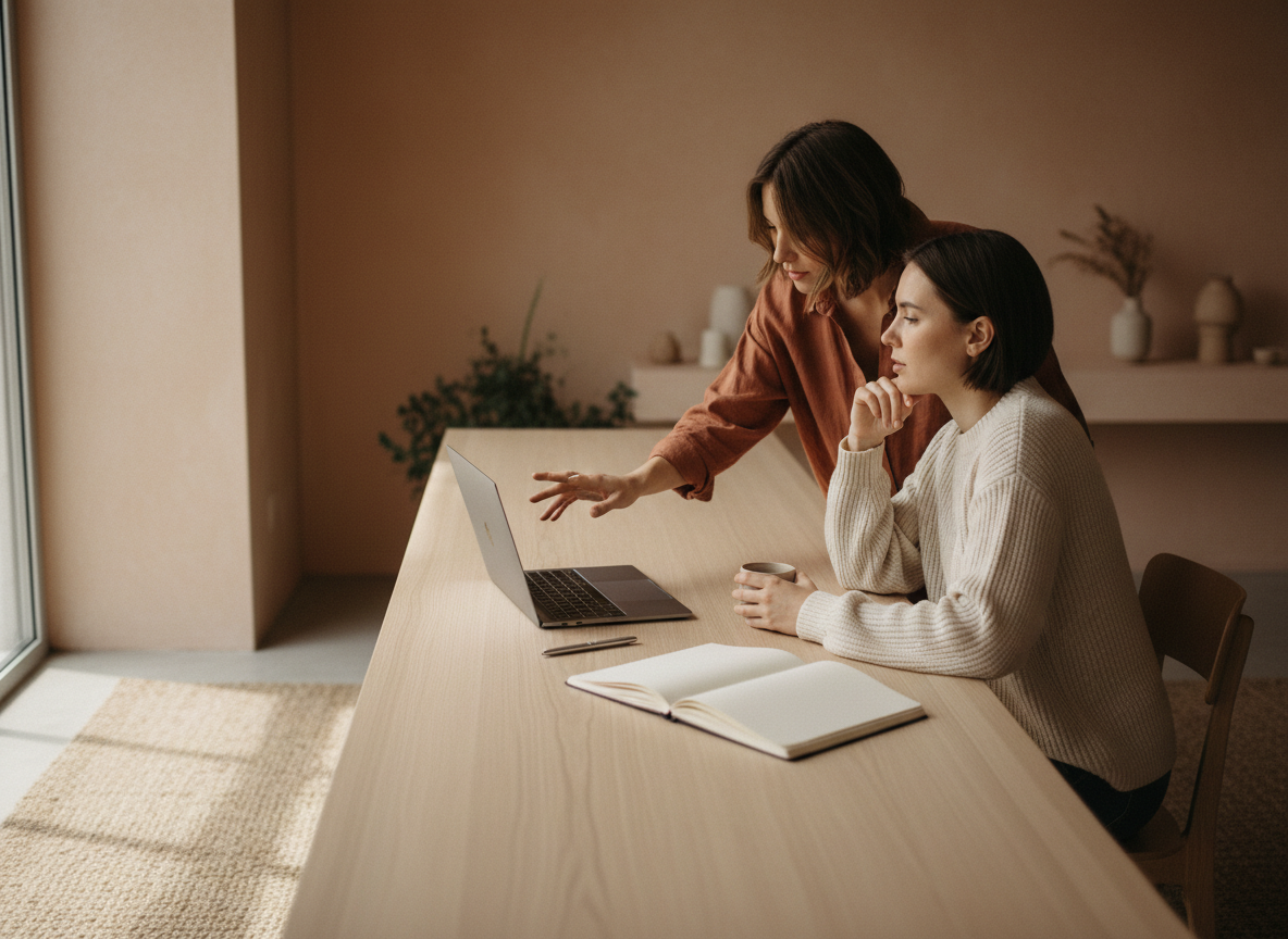 Two women in cozy sweaters working together at a wooden desk with a laptop, notebook, and coffee mug, in a warmly lit room.