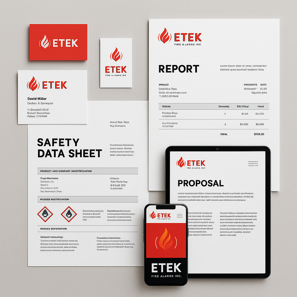 Branding and marketing materials for ETEK Fire Alarms Inc, including business cards, a report, proposal, safety data sheet, and a smartphone showing the ETEK logo, which features a red flame.