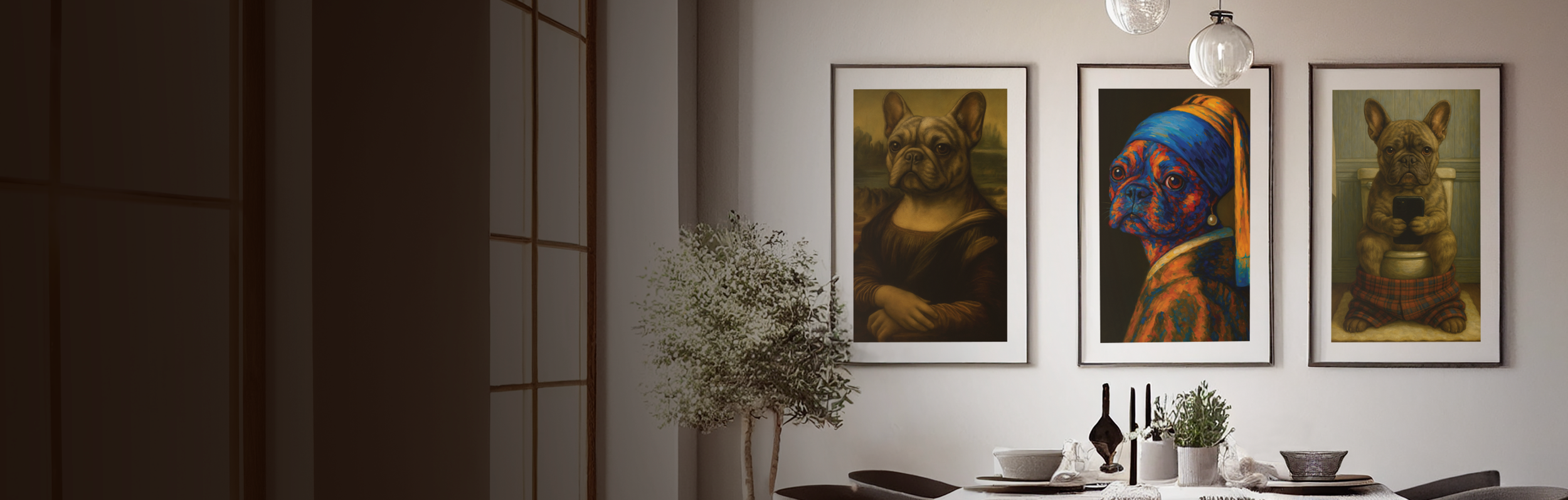 A dining room with three framed puppy art portraits on the wall, potted plants, and a dining table with plates, candles, and decor.