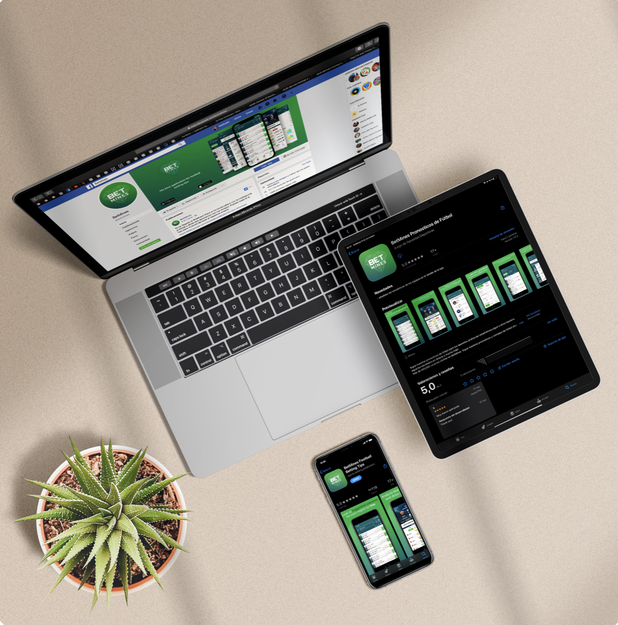 Multiple electronic devices showing a betting application, placed on a beige surface near a potted succulent plant.