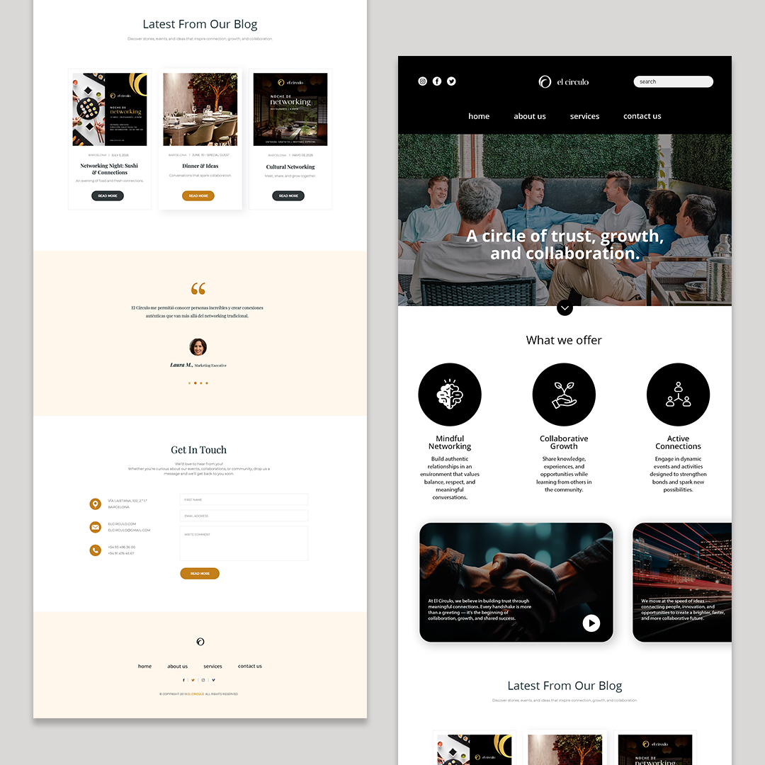 Two webpage designs for a networking or community organization. The left page features a blog section with upcoming events, a quote, and contact information. The right page displays a homepage with a group of people in a meeting, navigation menu, and sections highlighting services like mindful networking, collaborative growth, and active connections.