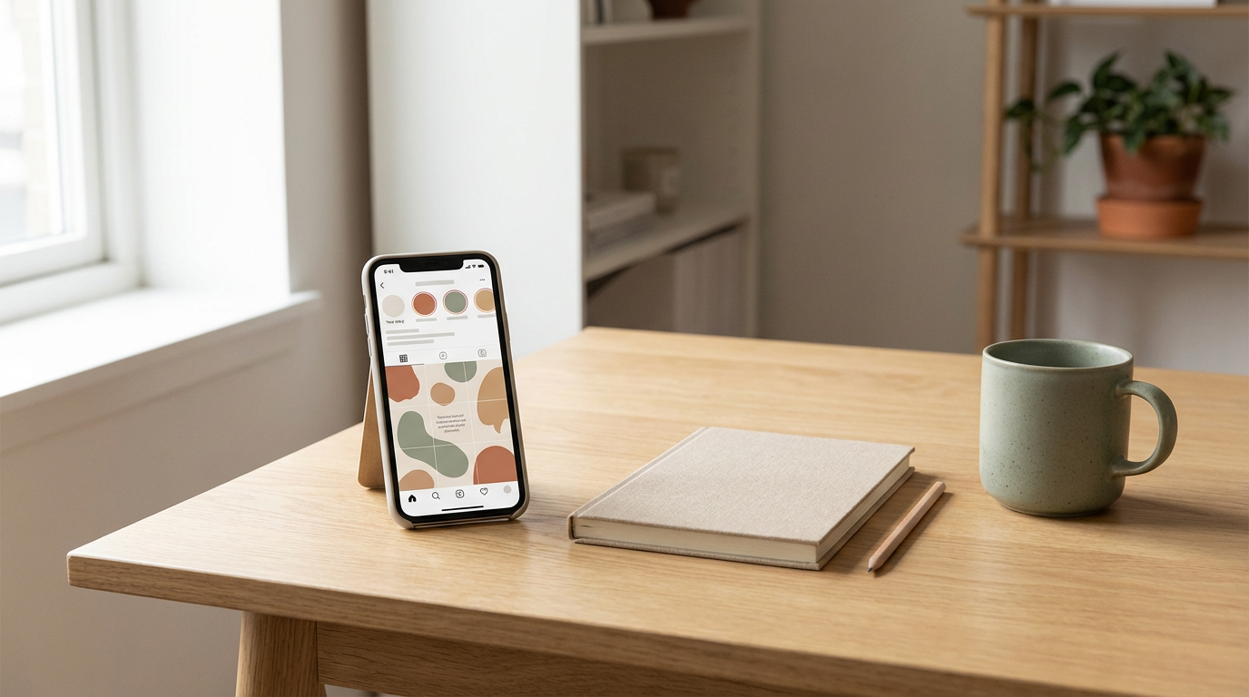 A wooden table with a smartphone, a closed notebook, a pencil, and a green mug, with a window on the left and a wooden shelf with plants in the background.