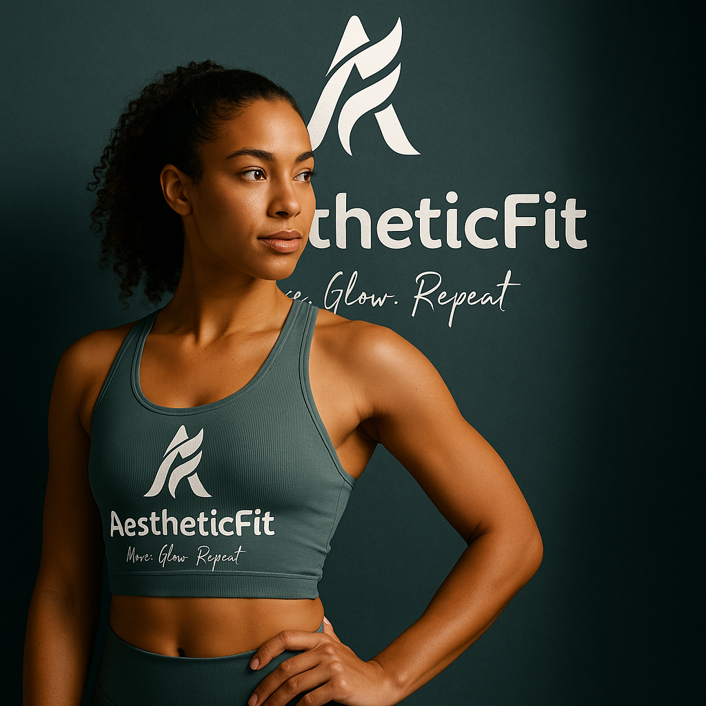 A woman in workout attire standing in front of a dark background with the AestheticFit logo and slogan, 'Glow. Repeat'.