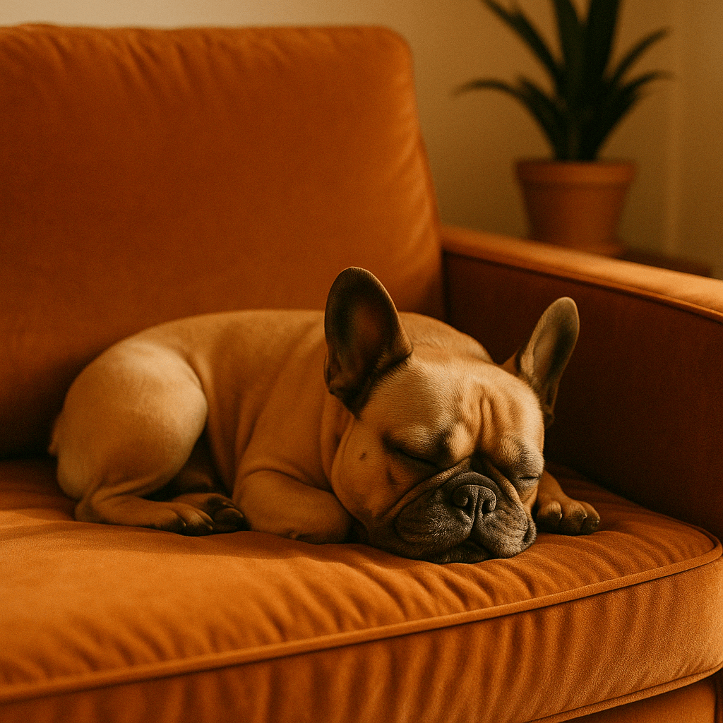 A sleeping French Bulldog lying on a brown couch in a cozy room with a potted plant in the background.