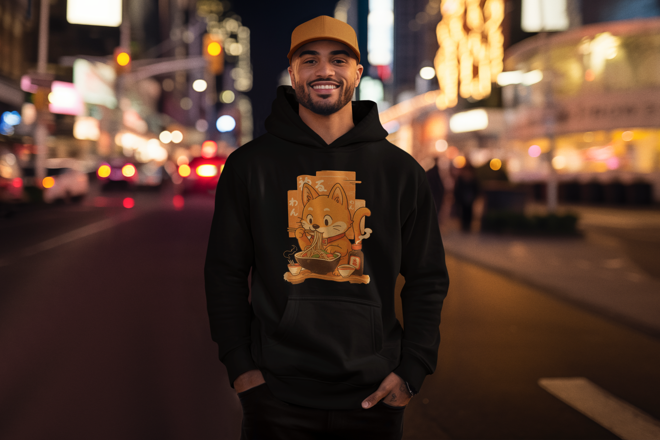A man wearing a black hoodie with a cartoon cat eating ramen bowl printed on it, and a brown cap, standing on a city street at night with blurred colorful lights and traffic in the background.