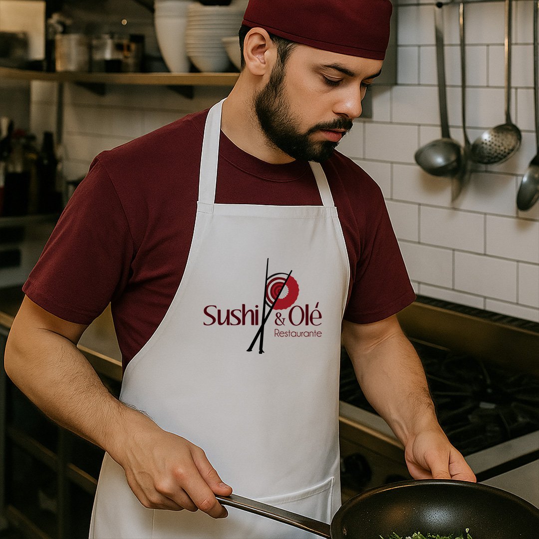 A chef wearing a maroon shirt, a matching maroon hat, and a white apron with a 'Sushi & Olé Restaurante' logo on it, cooking in a kitchen.
