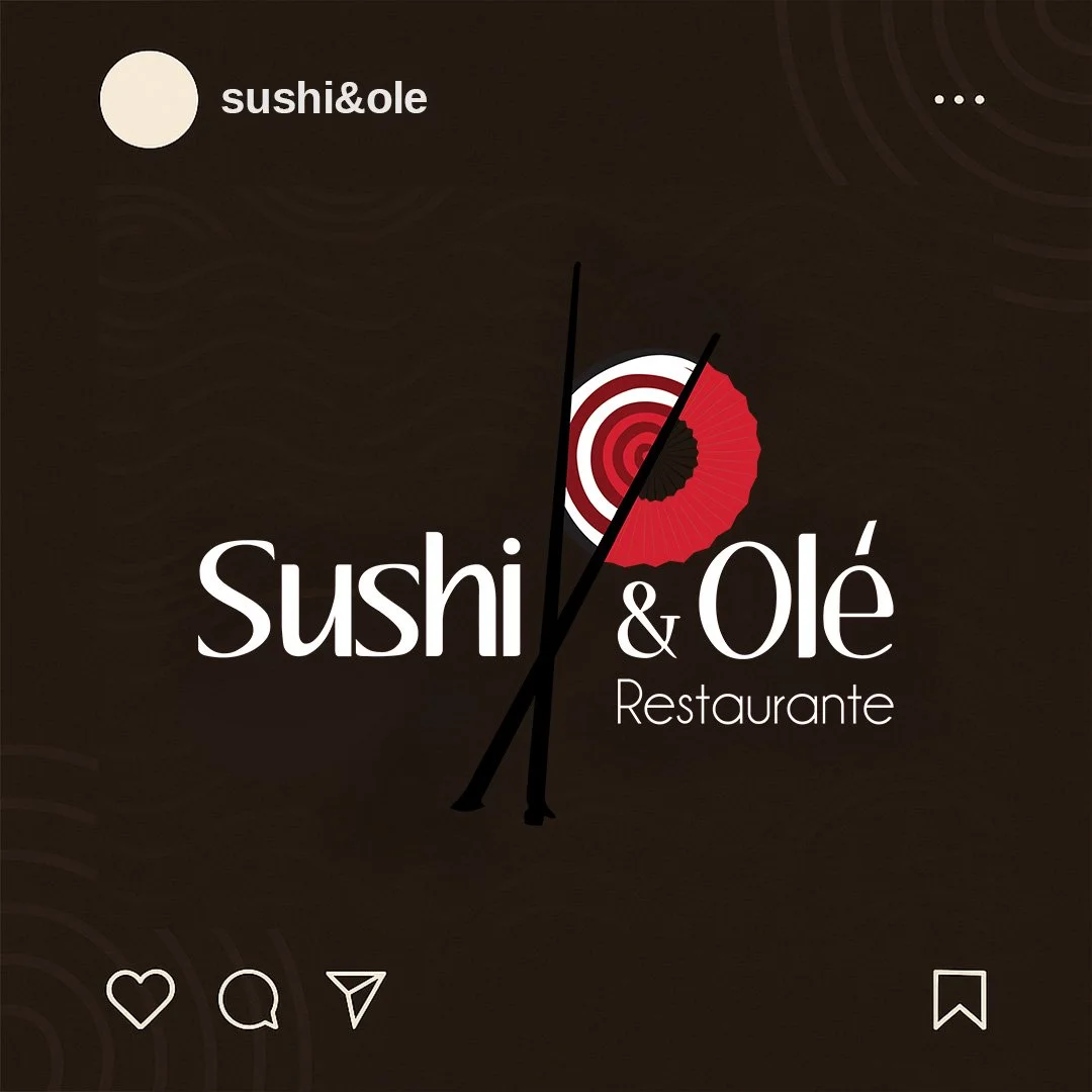 Logo for Sushi & Olé restaurant featuring a pair of black chopsticks crossing, a red and white target, and a red paper umbrella on a dark background.