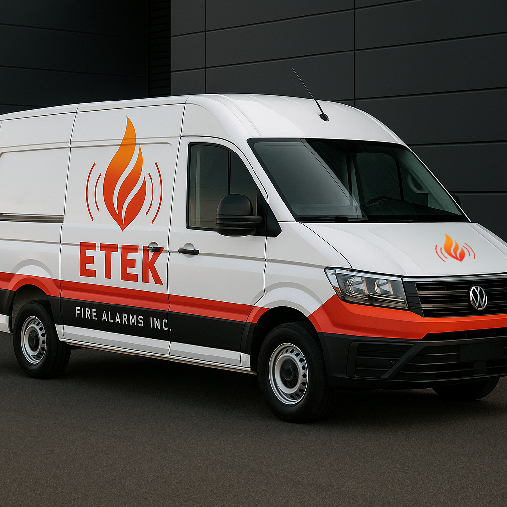 A white firefighting service van with ETEX logo and text, parked outside a building.