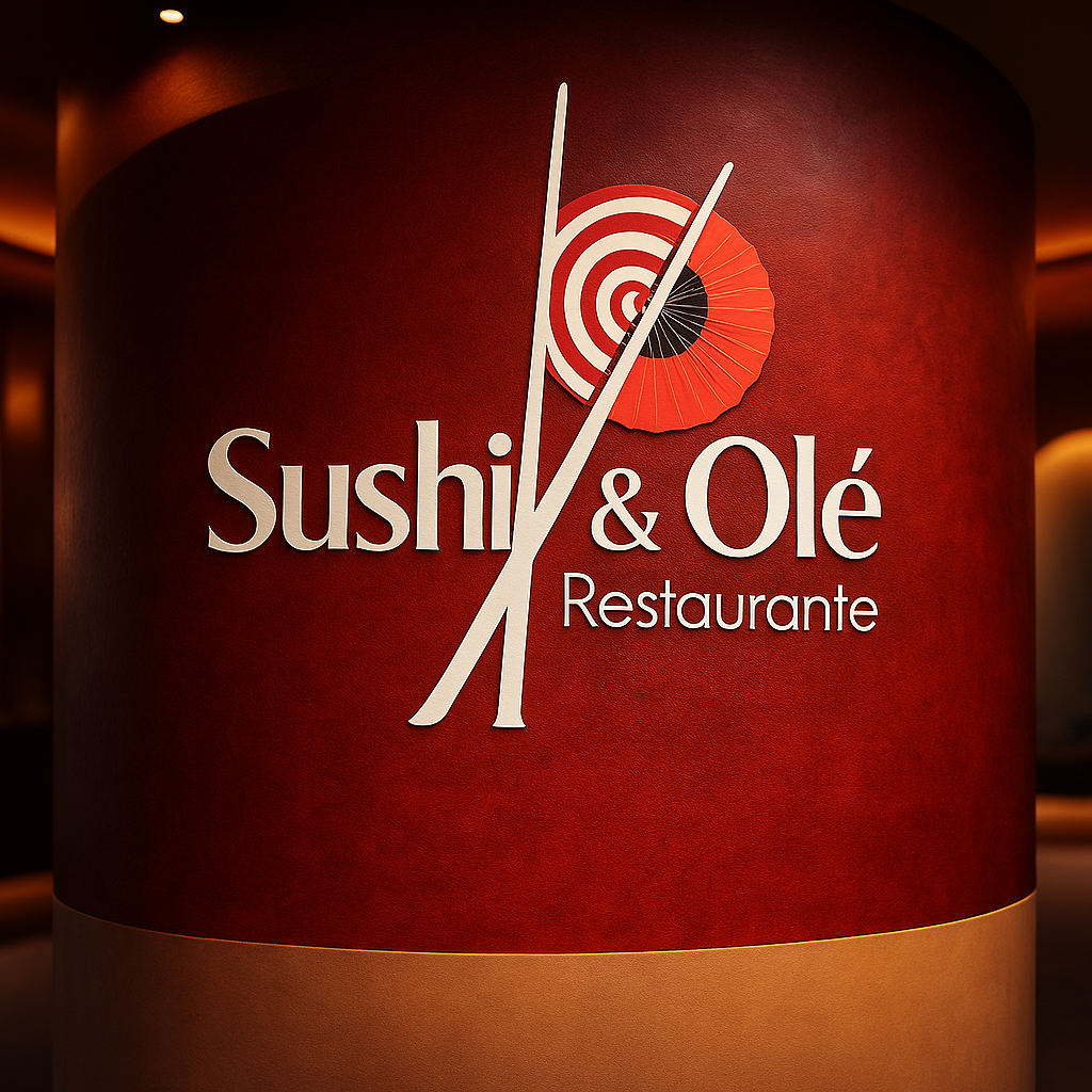 Sign for Sushi & Olé Restaurant with a red background, featuring a target and umbrella design in the upper right, and white text.