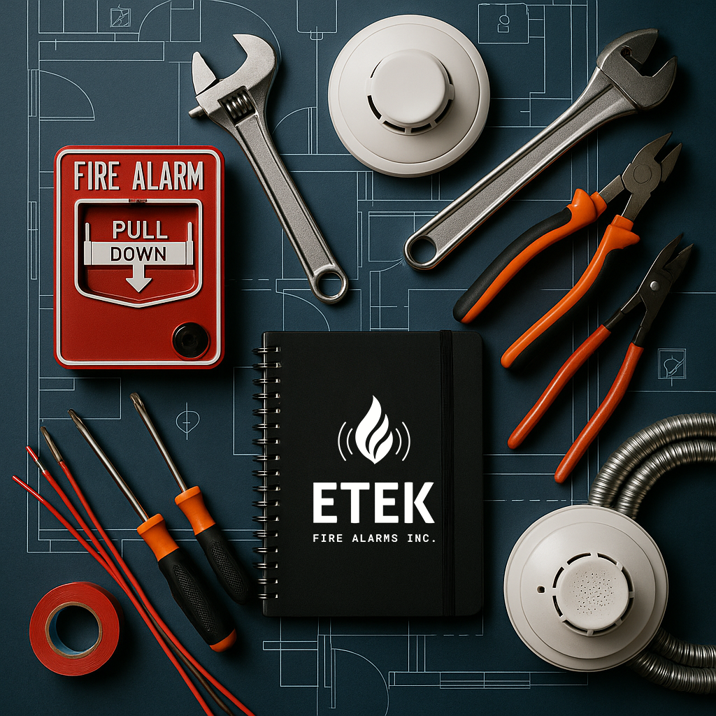An arrangement of fire safety and alarm tools on an architectural blueprint background, including a fire alarm box, wrenches, screwdrivers, pliers, a smoke detector, and a fire safety manual labeled 'ETEK Fire Alarms Inc.'.